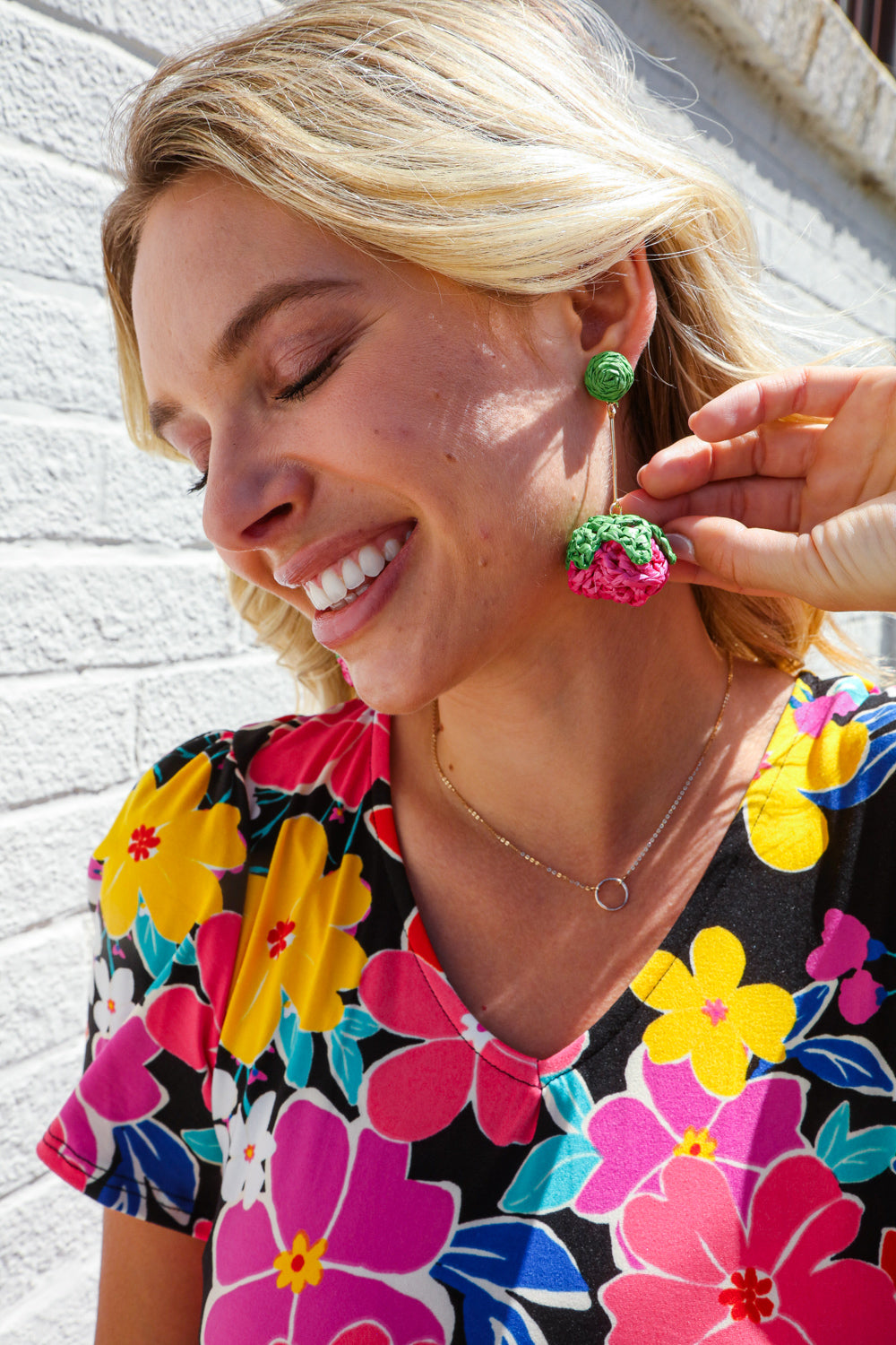 Fuchsia Strawberry Woven Rattan Gold Dangle Earrings