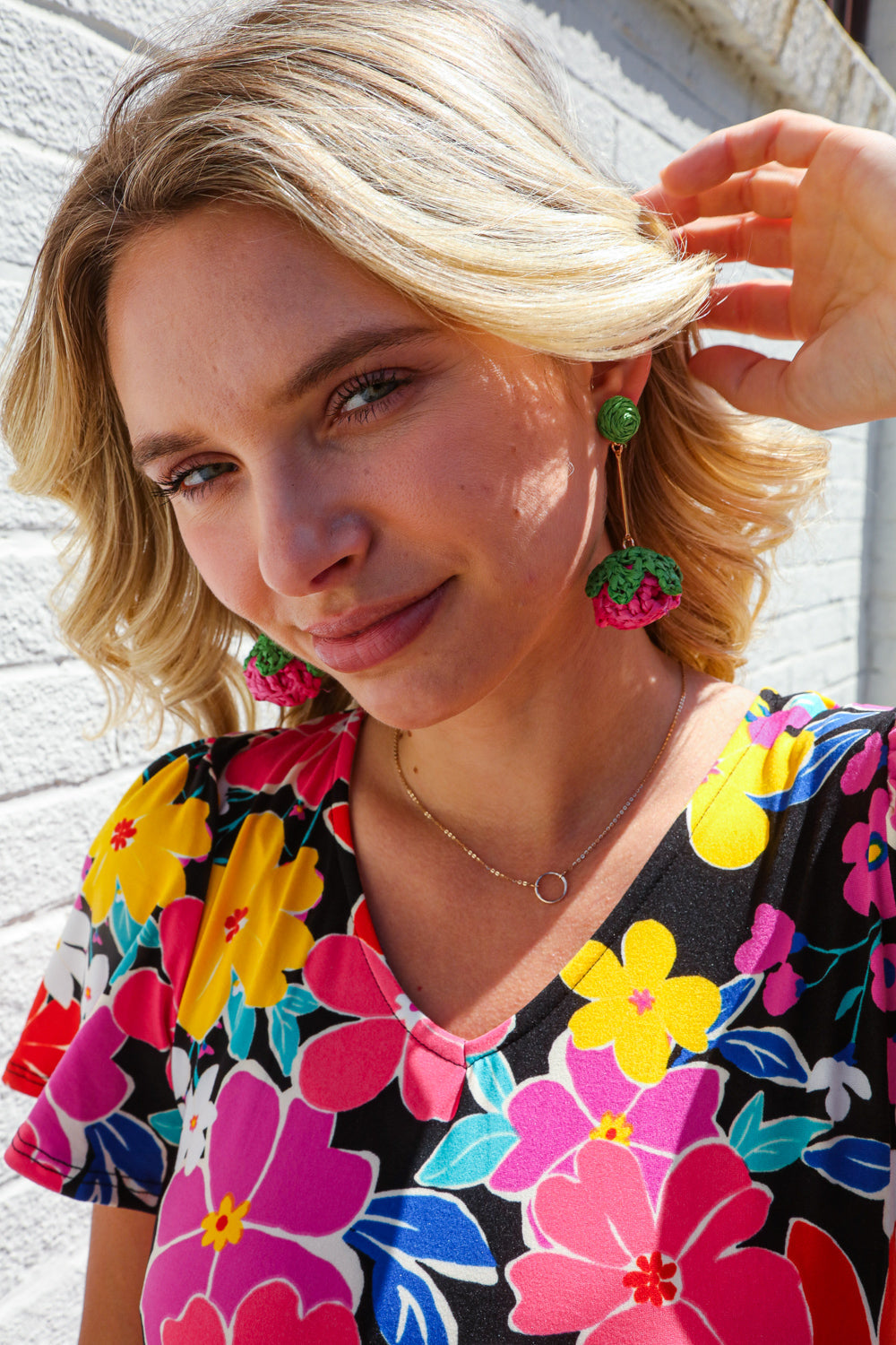 Fuchsia Strawberry Woven Rattan Gold Dangle Earrings