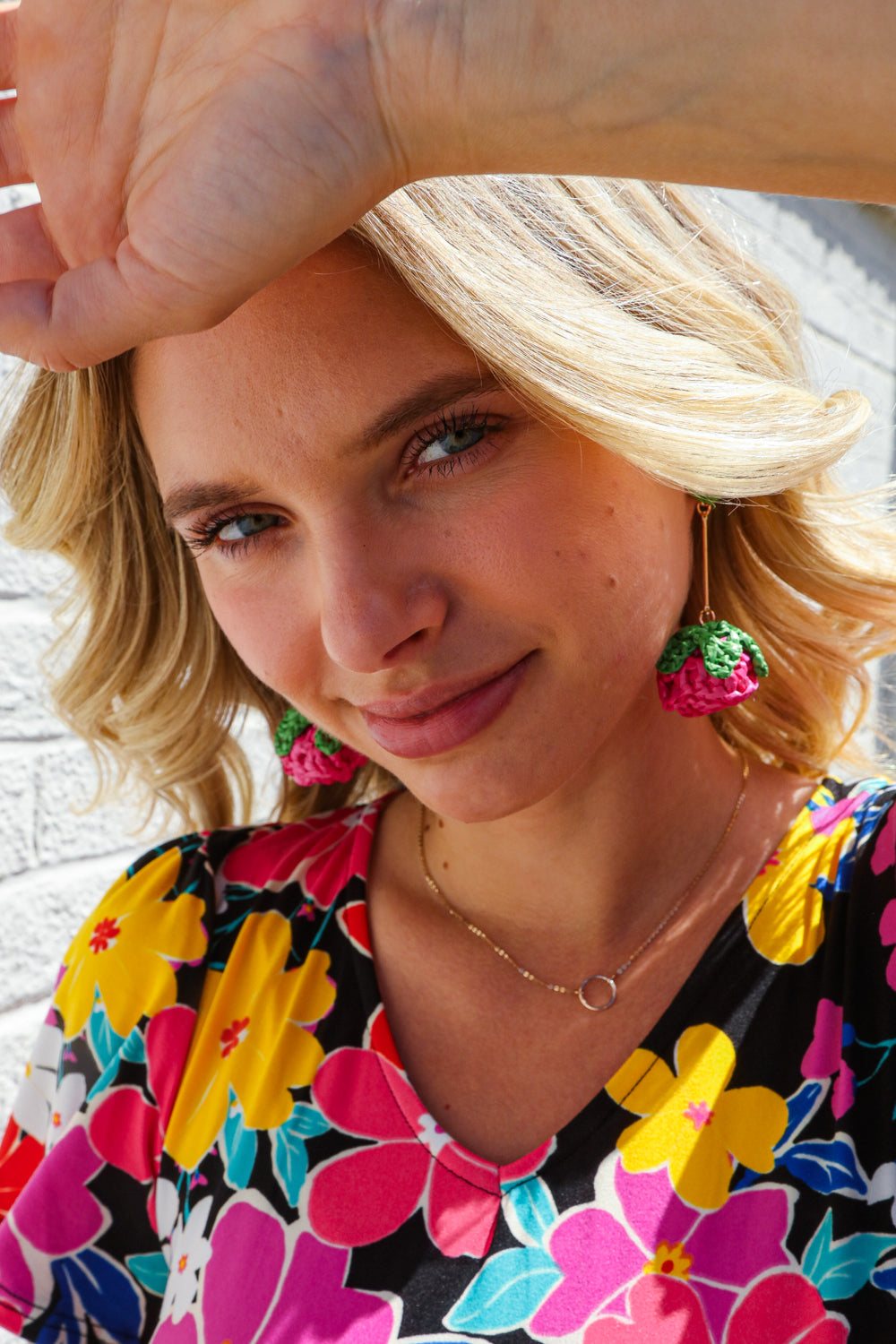 Fuchsia Strawberry Woven Rattan Gold Dangle Earrings