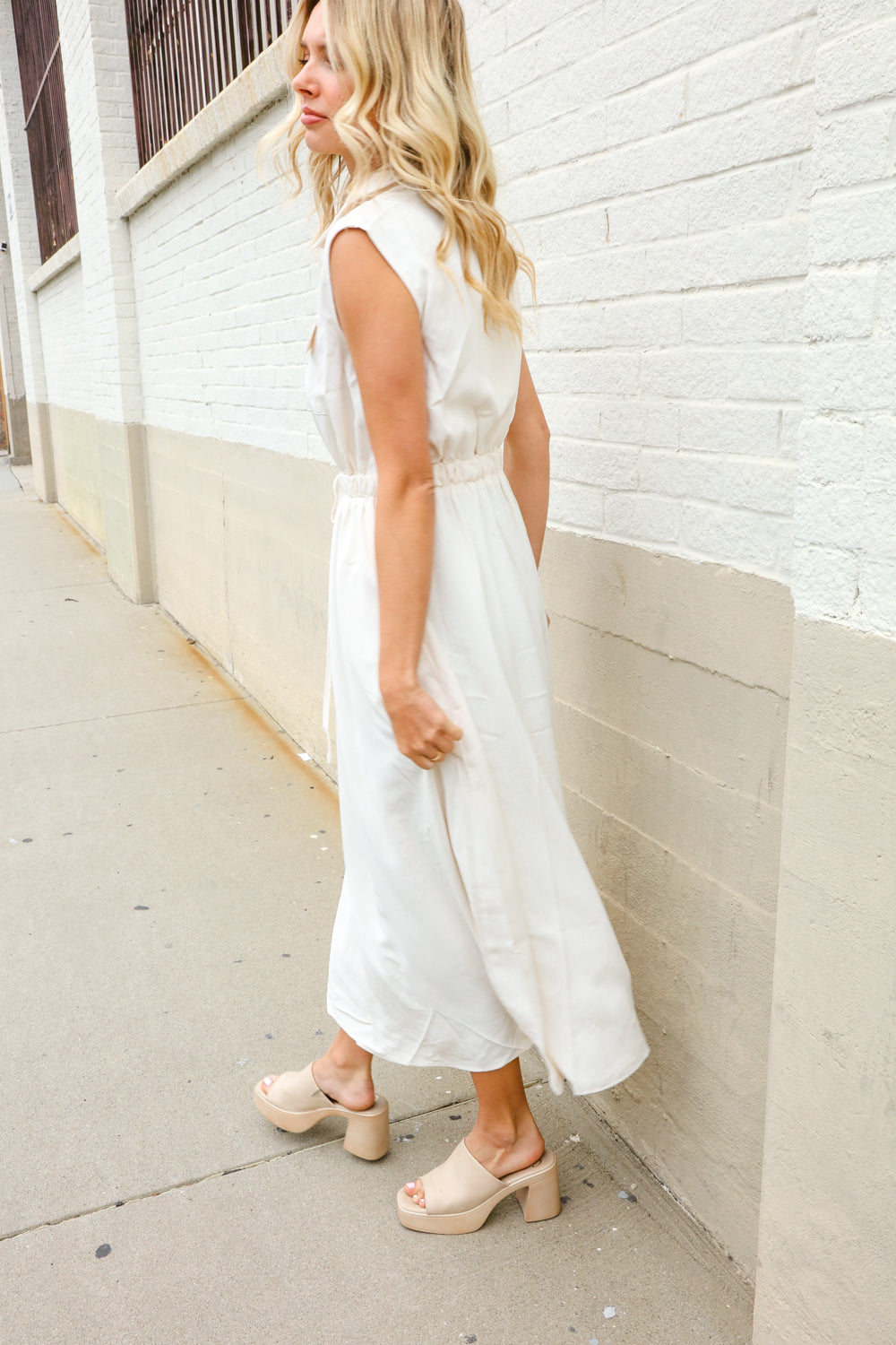Put Together Ivory Cotton Collar Drawstring Waist Fit & Flare Midi