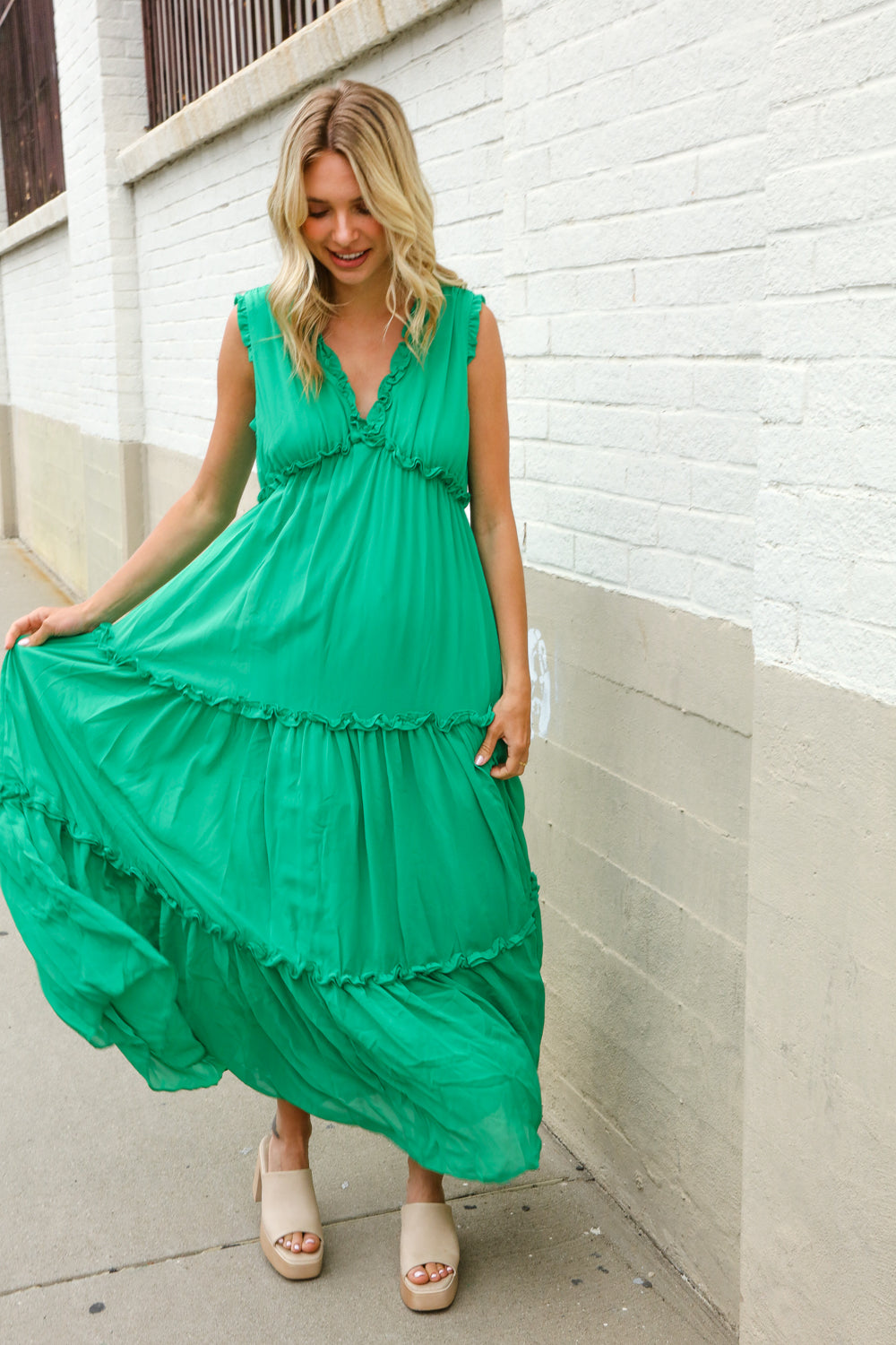 Find Love Green Sleeveless V Neck Frill Ruffle Tiered Lined Maxi