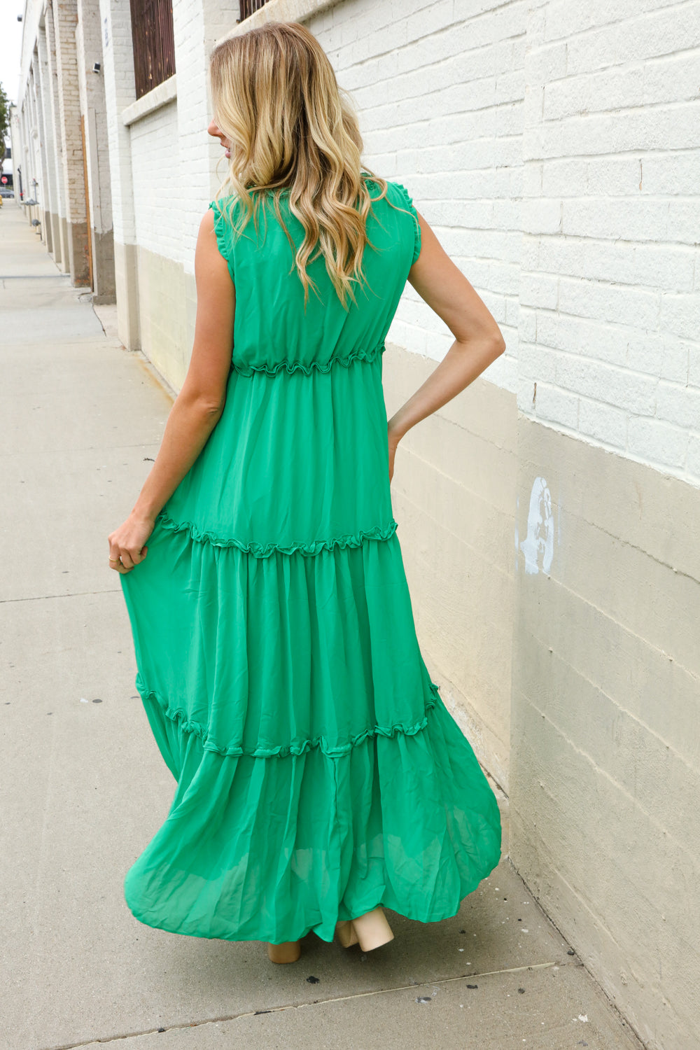Find Love Green Sleeveless V Neck Frill Ruffle Tiered Lined Maxi