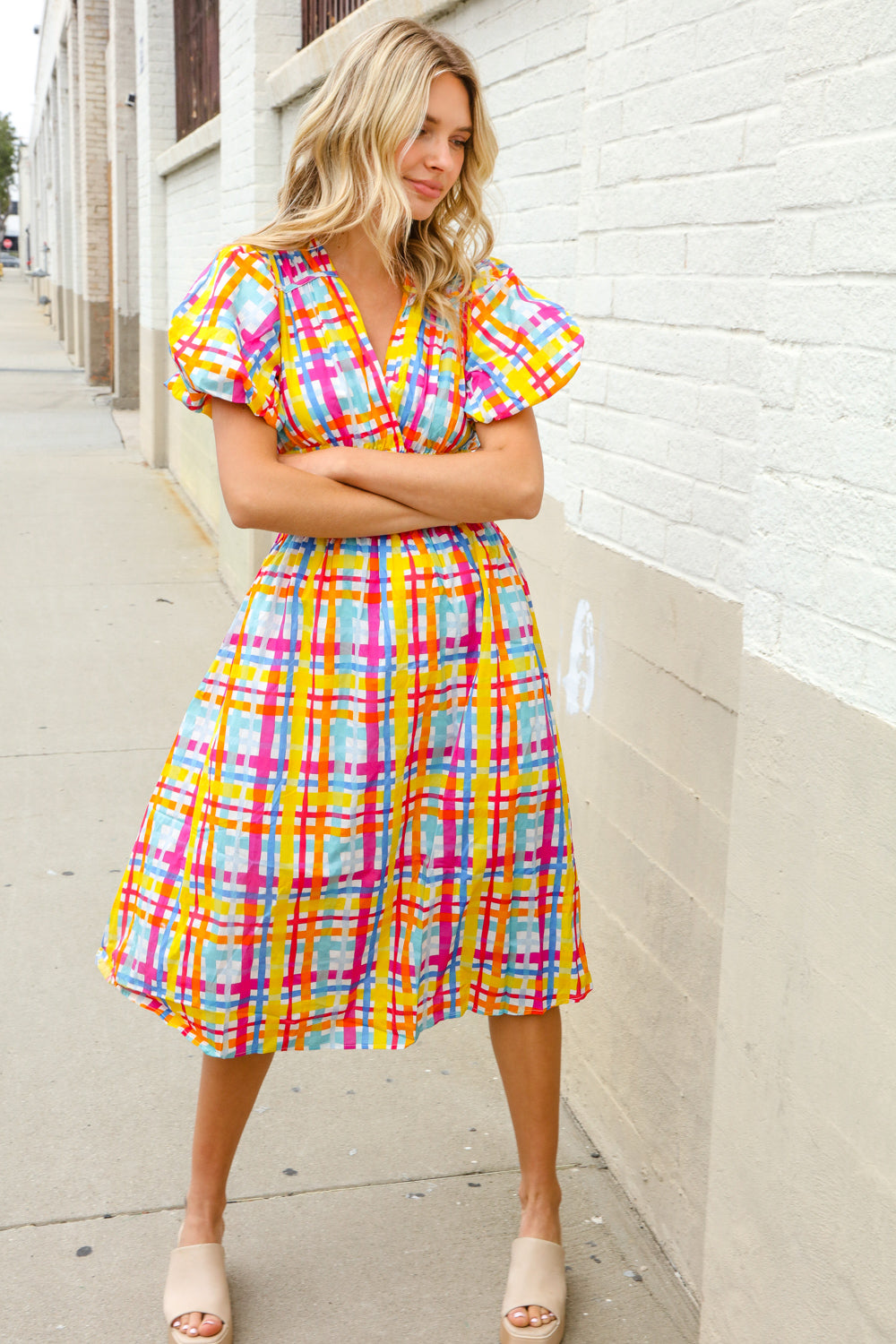 Charming in Multicolor Cotton Plaid Puff Sleeve Sweetheart Neck Dress