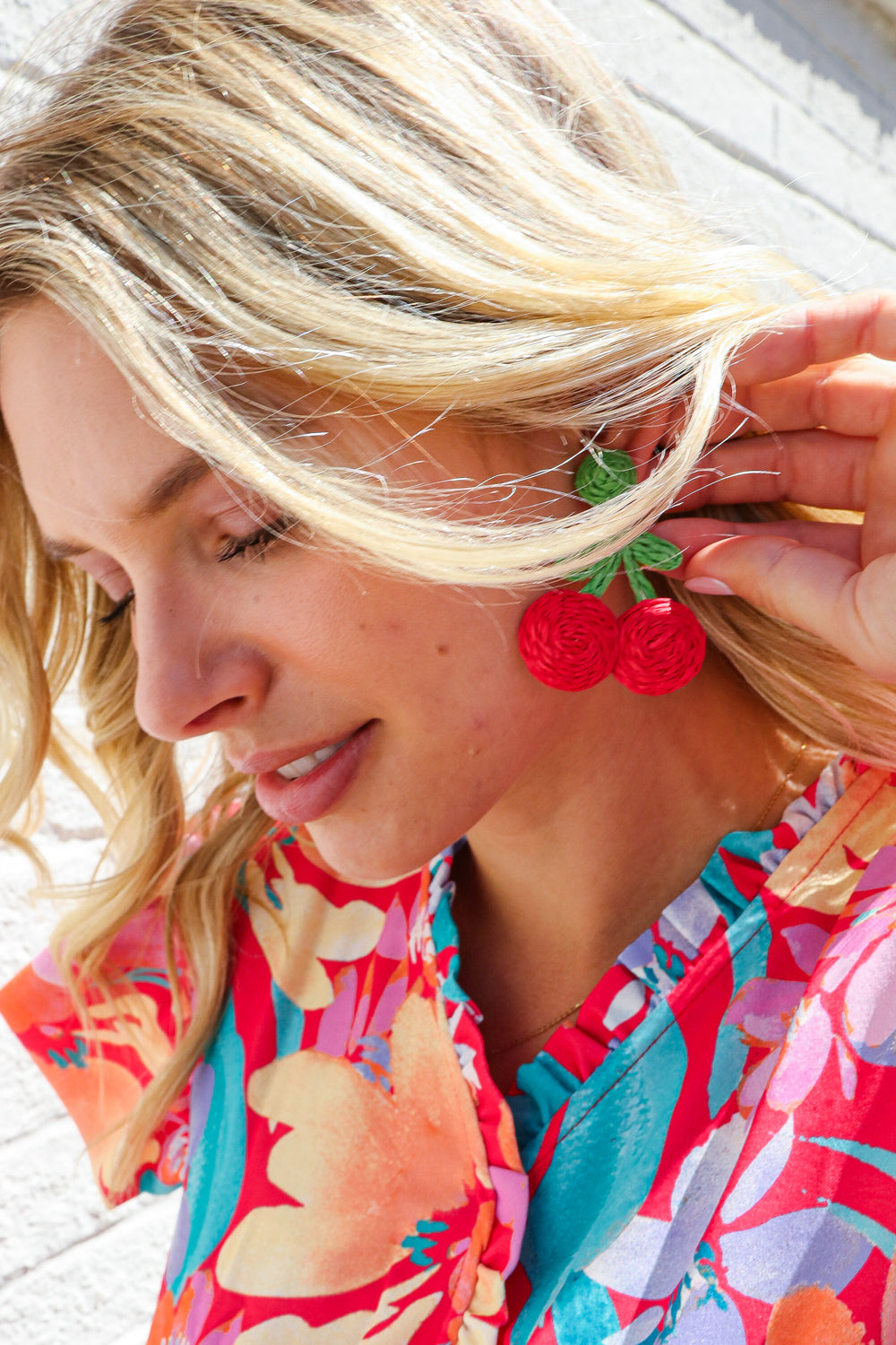 Red Cherry Woven Rattan Dangle Earrings