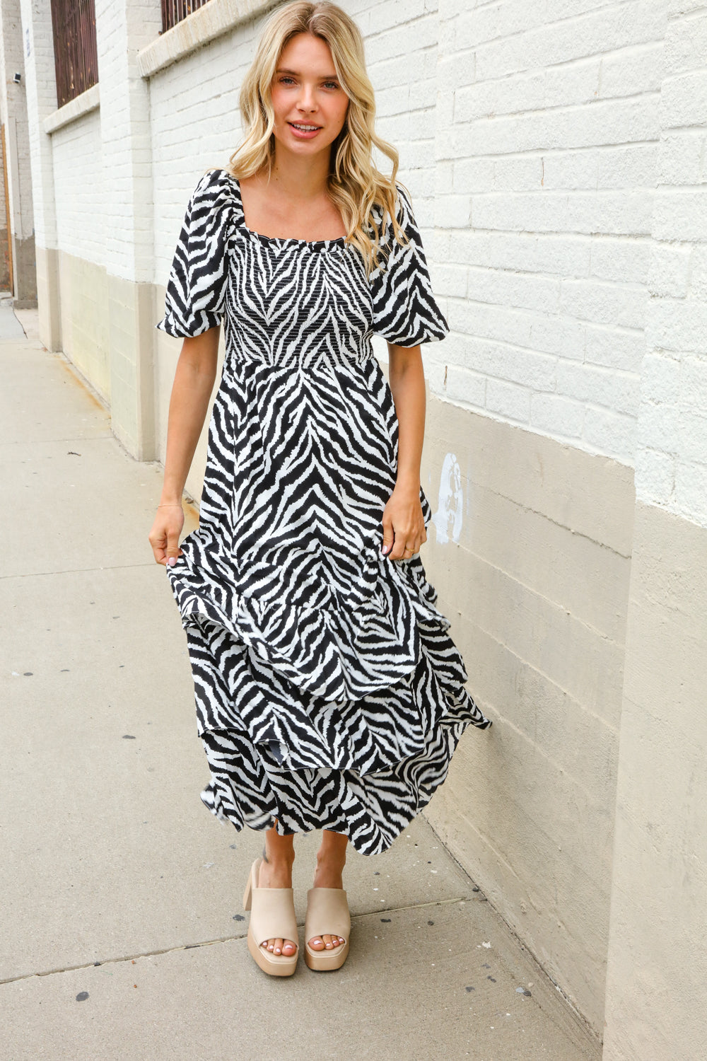 Look My Way Black/White Abstract Print Smocked Neck Maxi Dress