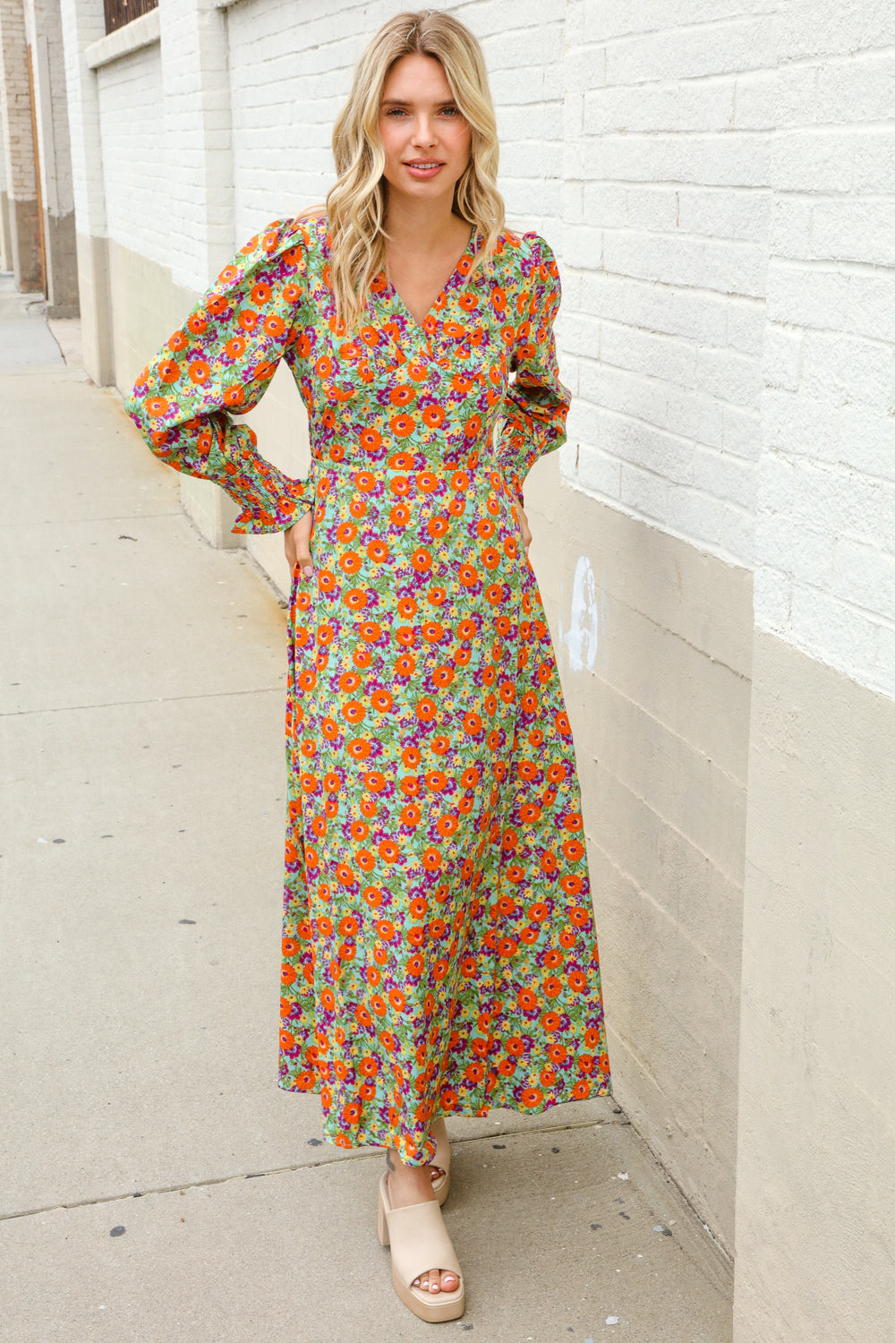 Dazzle in Silky Sage & Coral Floral V Neck Smock Ruffle Sleeve Maxi