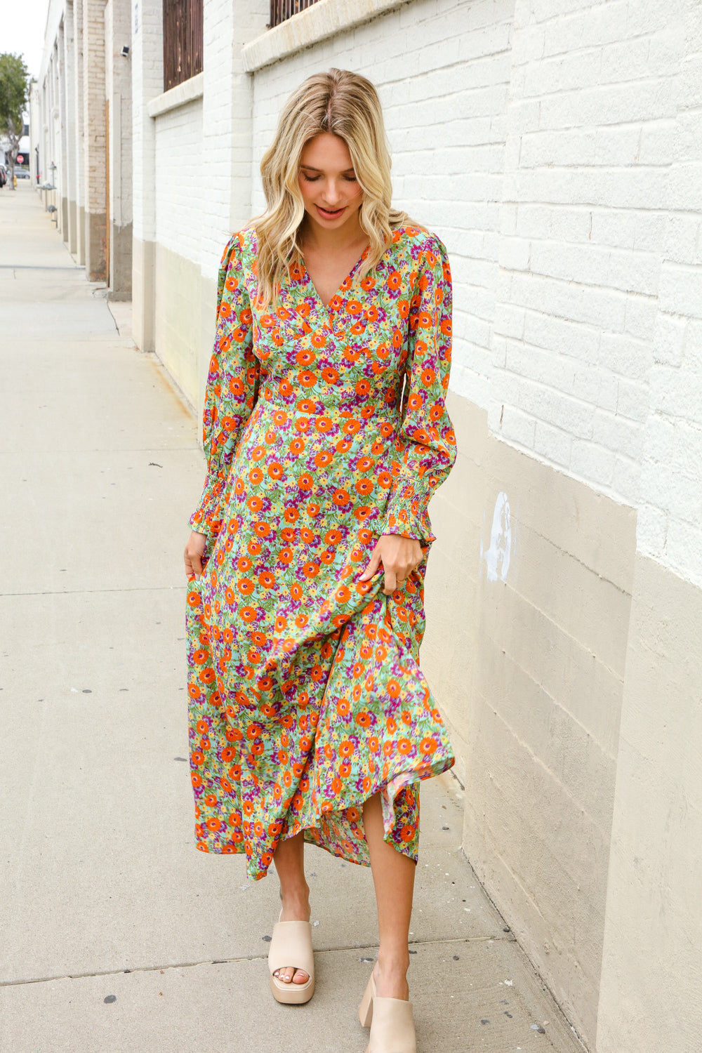 Dazzle in Silky Sage & Coral Floral V Neck Smock Ruffle Sleeve Maxi
