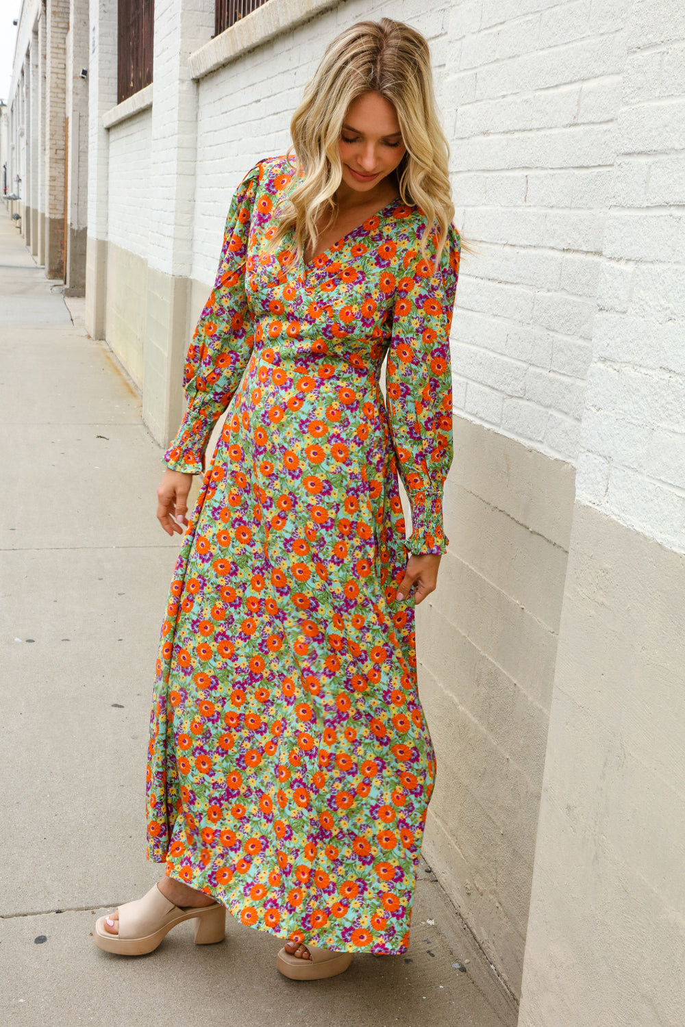 Dazzle in Silky Sage & Coral Floral V Neck Smock Ruffle Sleeve Maxi