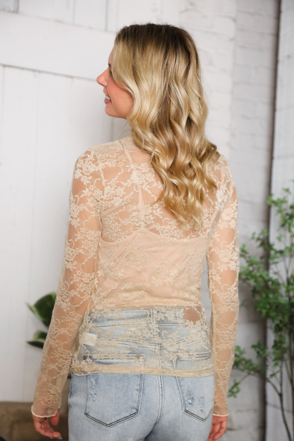 A Feminine Touch Tan Semi Sheer Lace Top