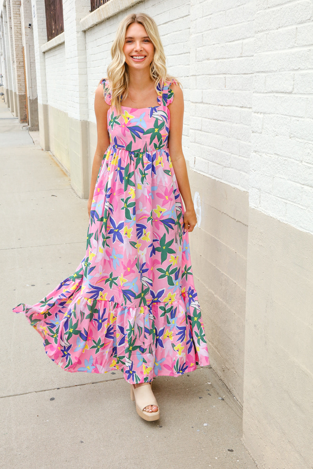 Find Love Pink Floral Back Tie Ribbon Ruffle Hem Frill Shoulder Strap Maxi
