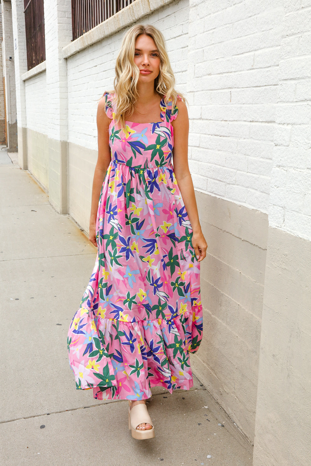 Find Love Pink Floral Back Tie Ribbon Ruffle Hem Frill Shoulder Strap Maxi