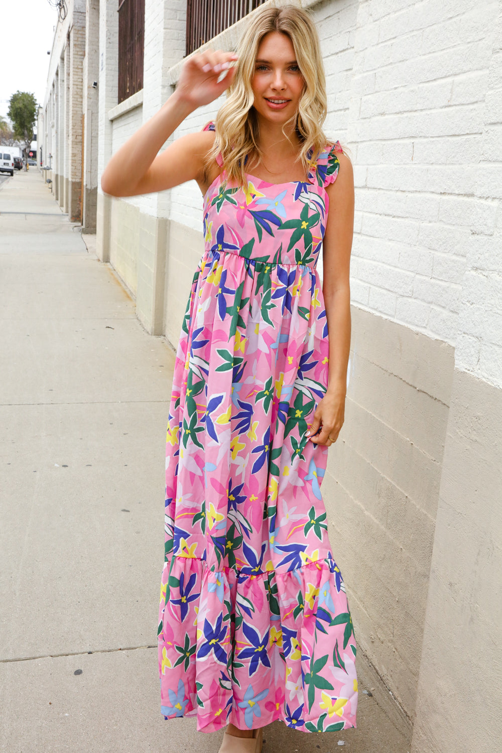 Find Love Pink Floral Back Tie Ribbon Ruffle Hem Frill Shoulder Strap Maxi