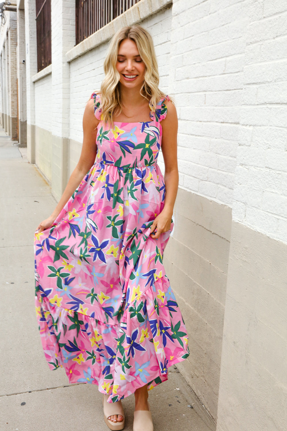 Find Love Pink Floral Back Tie Ribbon Ruffle Hem Frill Shoulder Strap Maxi