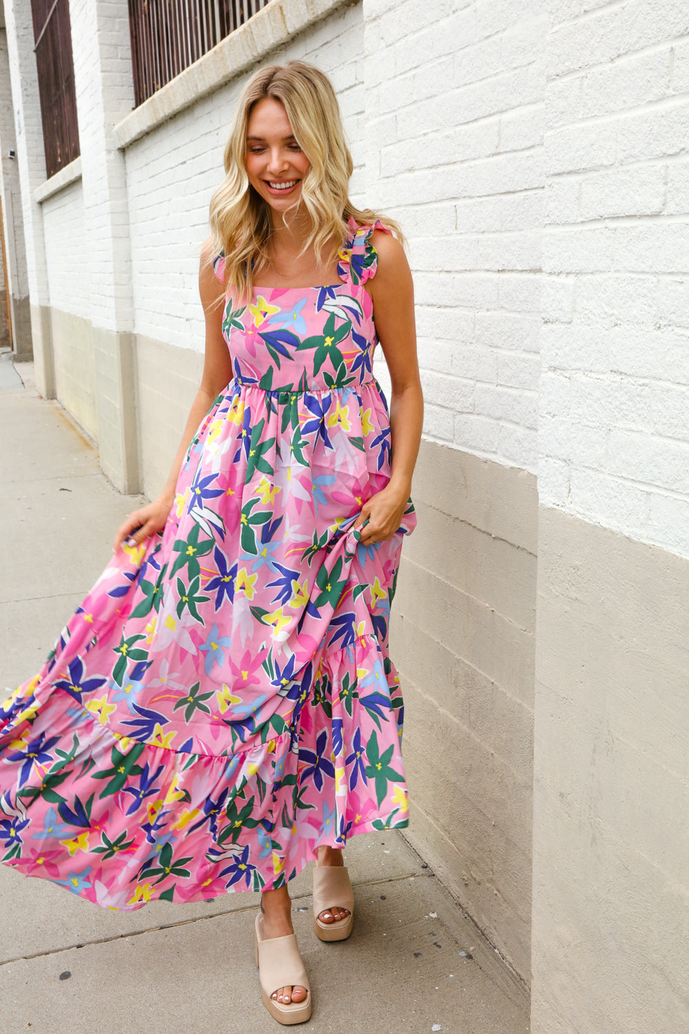 Find Love Pink Floral Back Tie Ribbon Ruffle Hem Frill Shoulder Strap Maxi