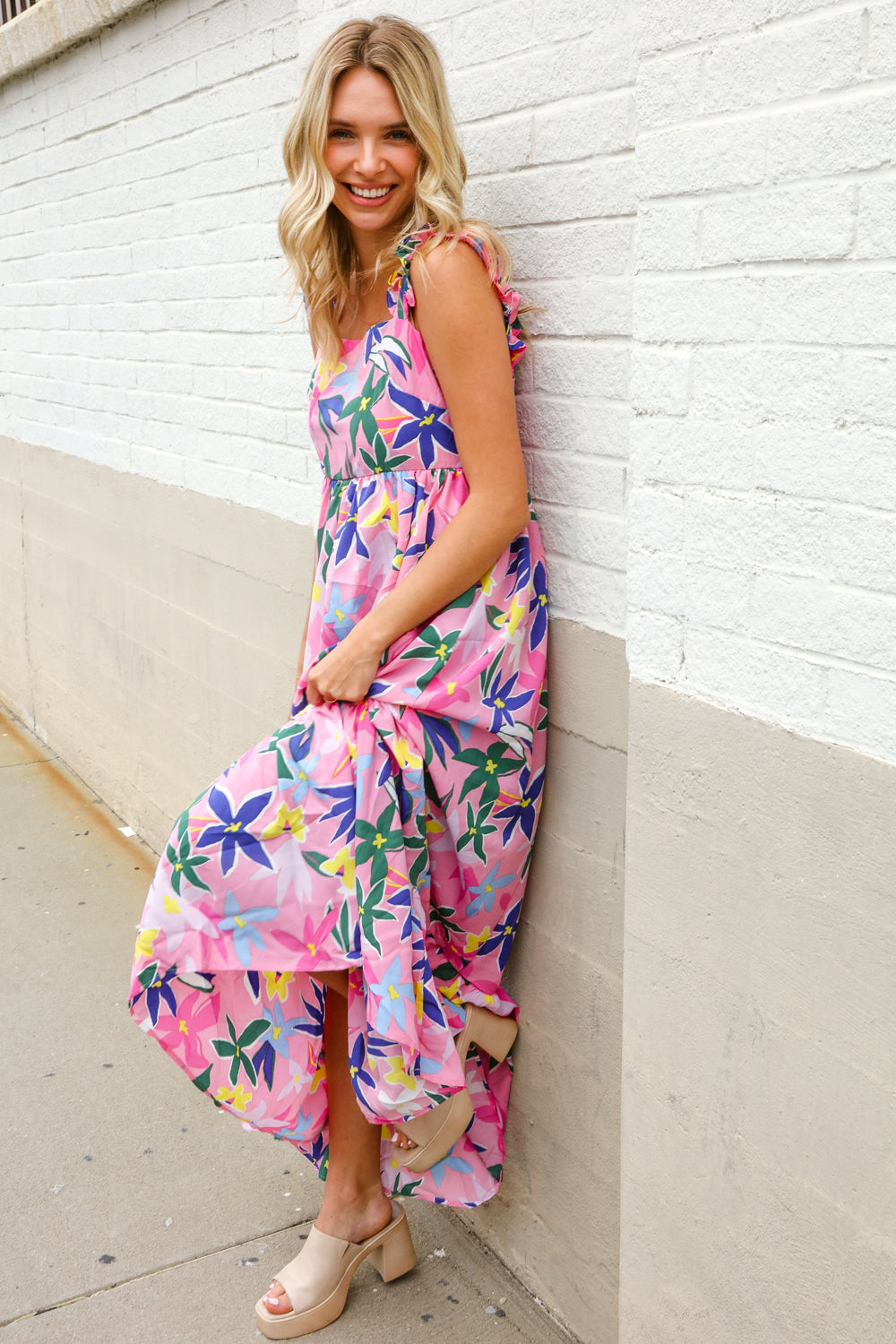 Find Love Pink Floral Back Tie Ribbon Ruffle Hem Frill Shoulder Strap Maxi