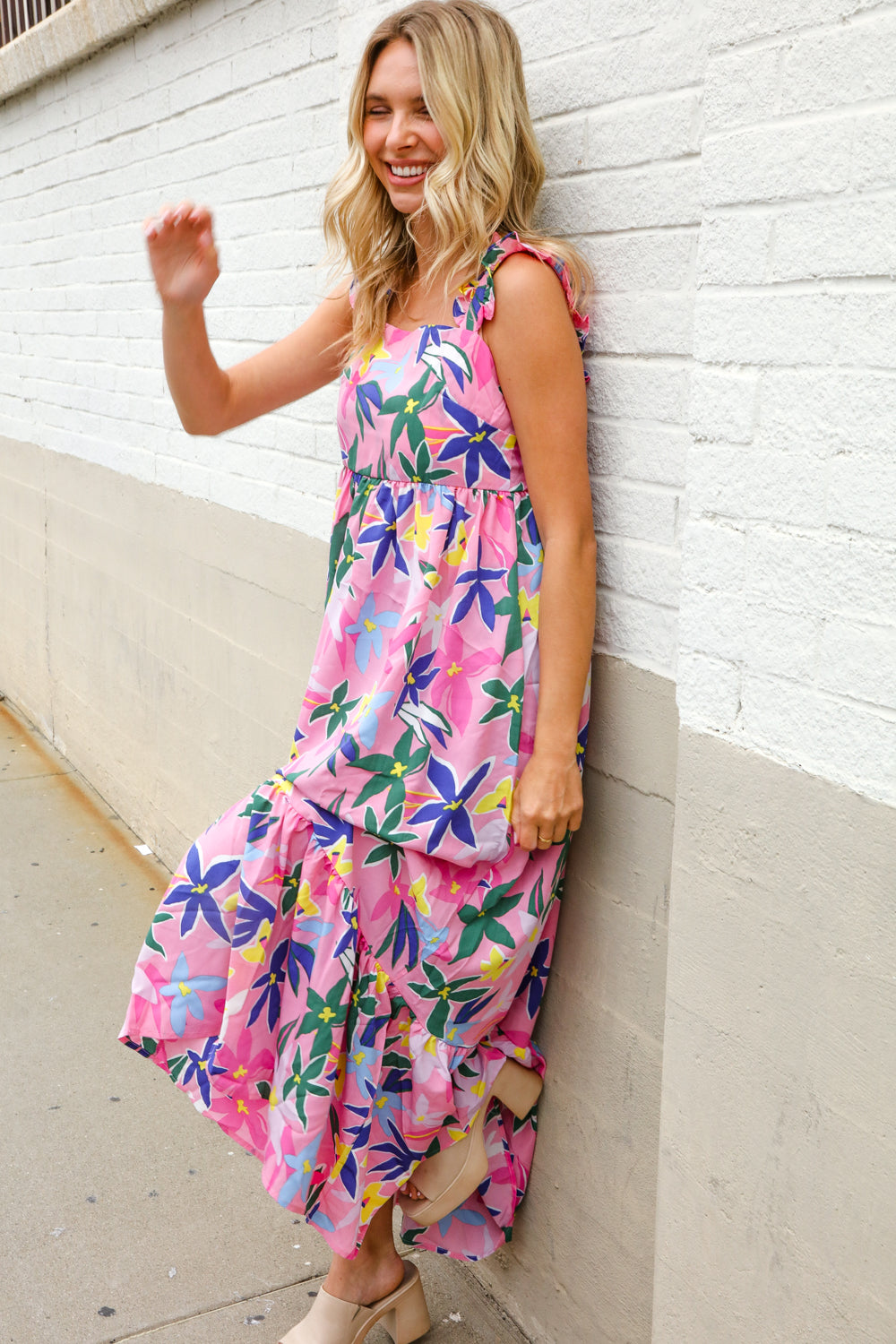 Find Love Pink Floral Back Tie Ribbon Ruffle Hem Frill Shoulder Strap Maxi