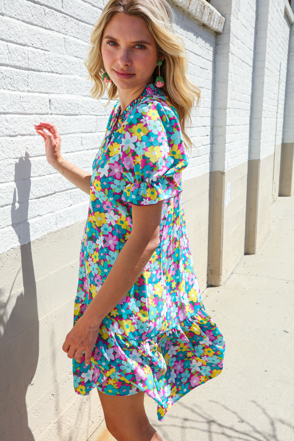 Classy Chic In Blue Smocked Notch Neck Babydoll Floral Print Dress