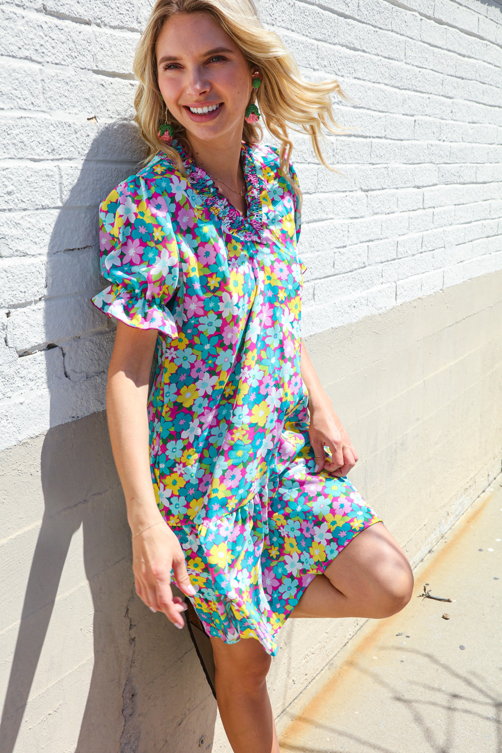 Classy Chic In Blue Smocked Notch Neck Babydoll Floral Print Dress