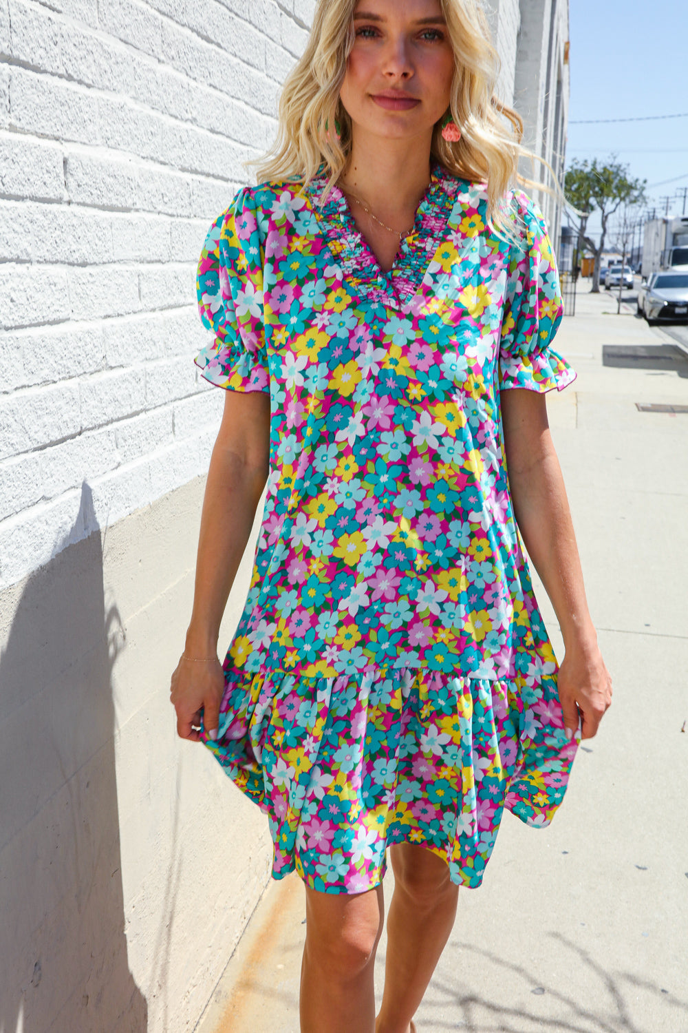 Classy Chic In Blue Smocked Notch Neck Babydoll Floral Print Dress