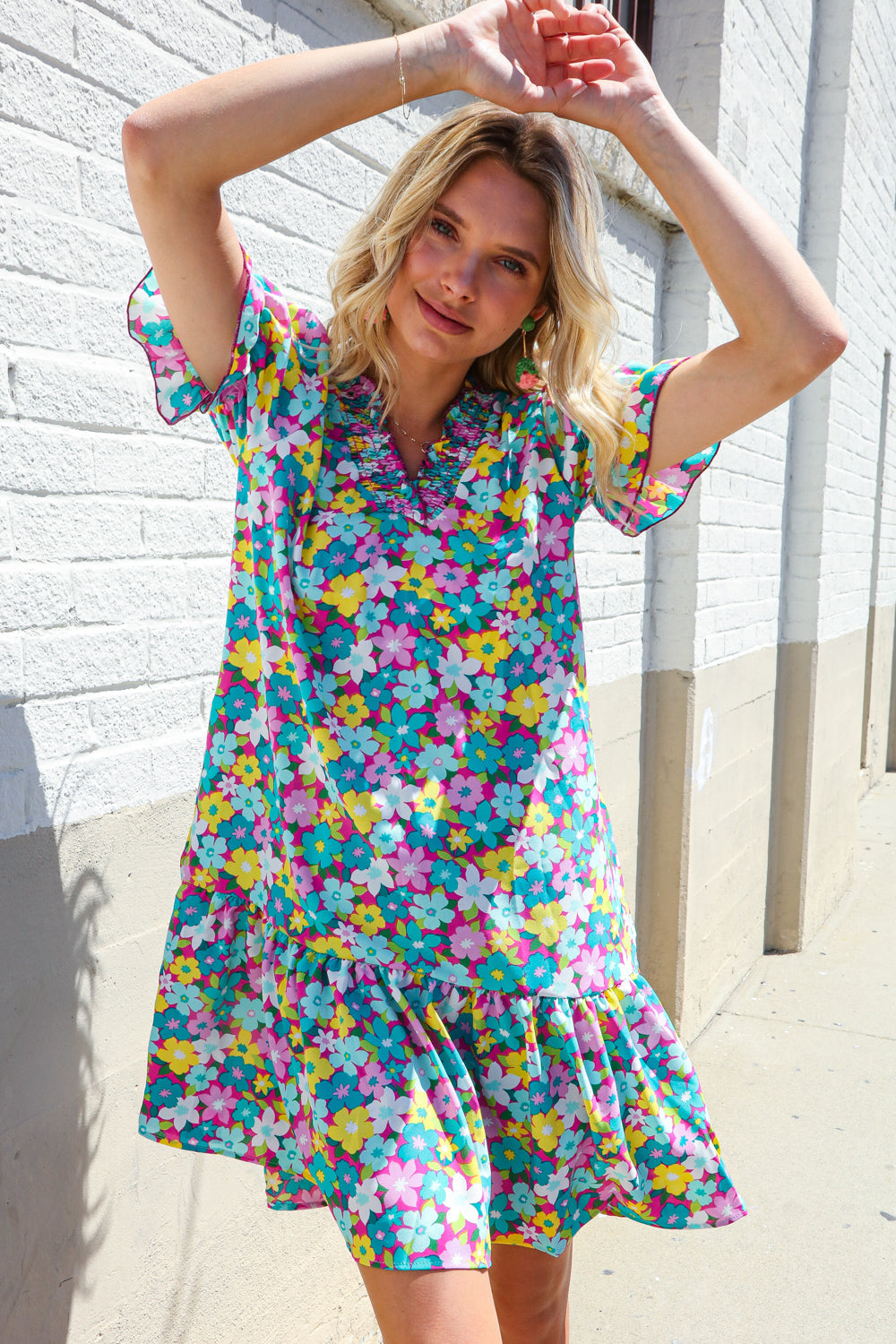 Classy Chic In Blue Smocked Notch Neck Babydoll Floral Print Dress
