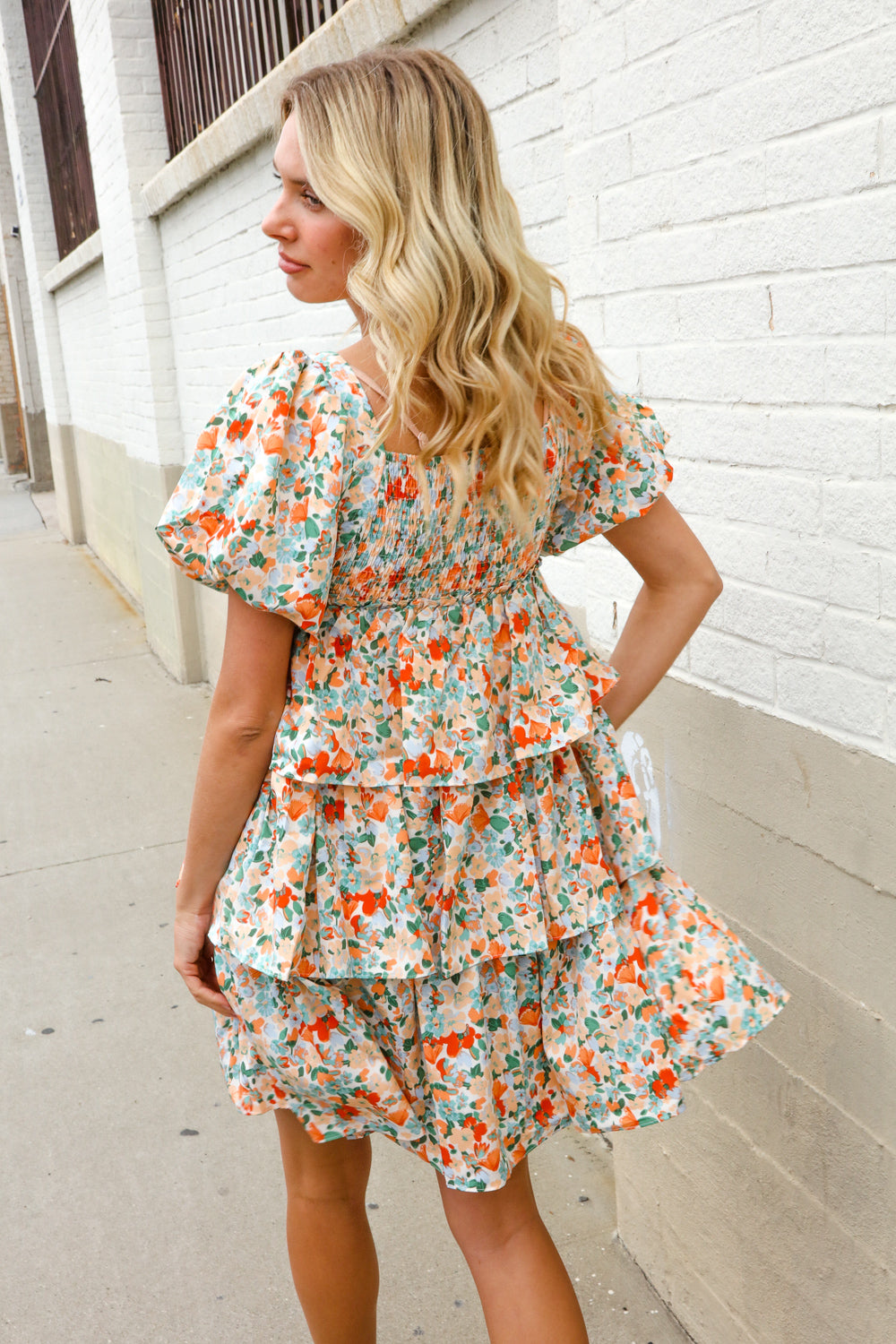 Find Love Floral Print Smocked Neck Puff Sleeve Ruffle Tiered Dress