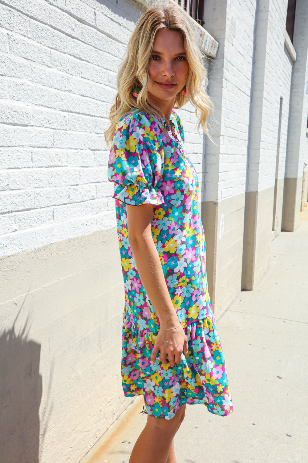 Classy Chic In Blue Smocked Notch Neck Babydoll Floral Print Dress