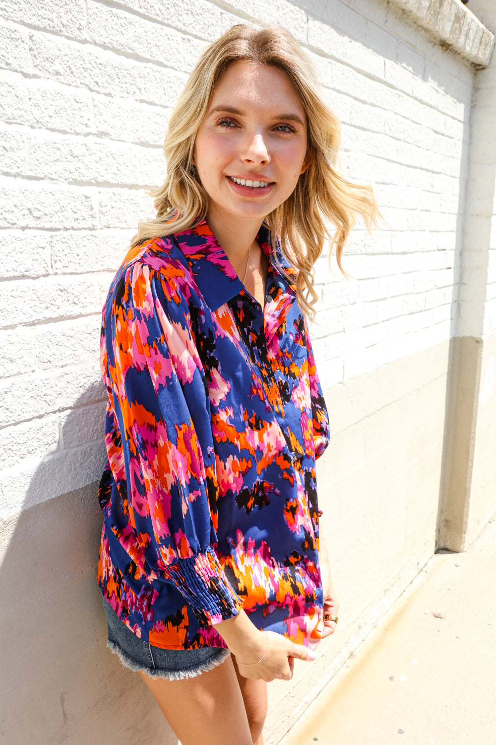 Dazzle in Cobalt Blue Abstract Print Button-Down Smocked Sleeve Blouse