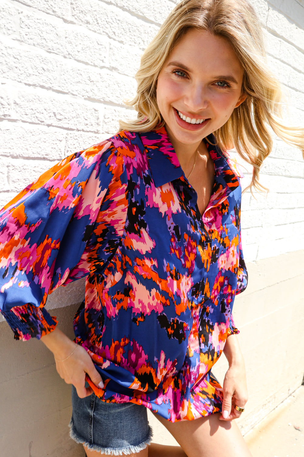 Dazzle in Cobalt Blue Abstract Print Button-Down Smocked Sleeve Blouse