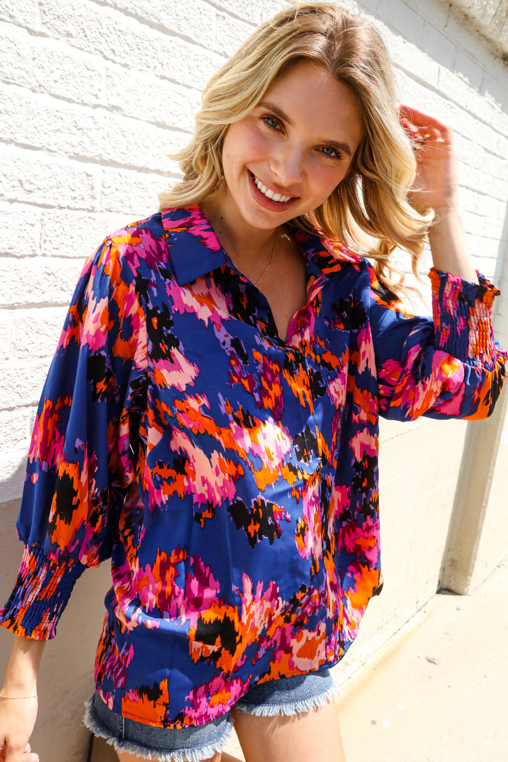 Dazzle in Cobalt Blue Abstract Print Button-Down Smocked Sleeve Blouse