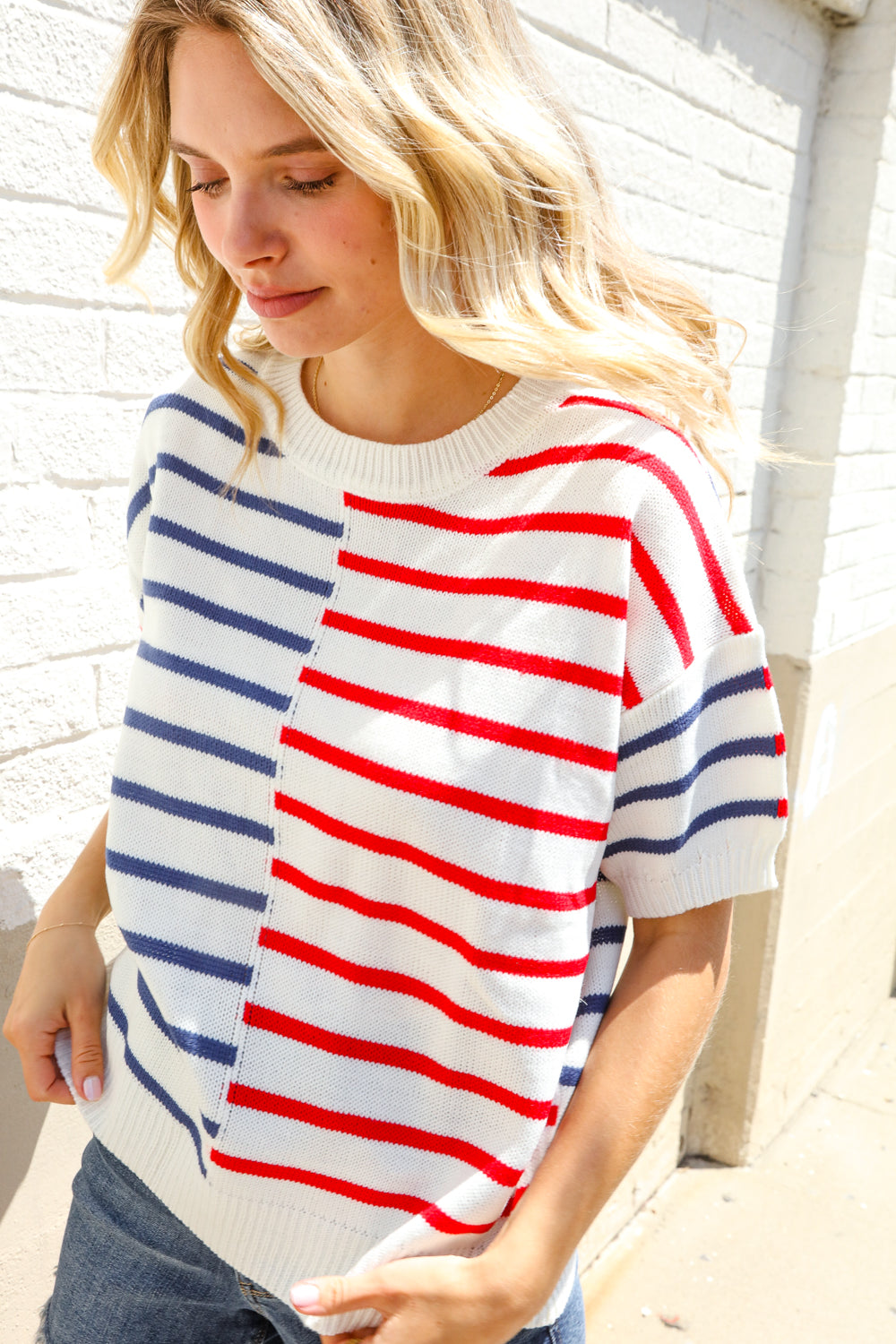 Patriotic Red & Blue Stripe Drop Shoulder Oversize Sweater Top