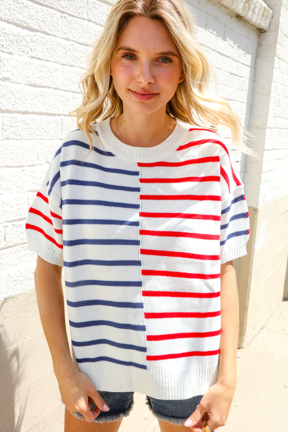 Patriotic Red & Blue Stripe Drop Shoulder Oversize Sweater Top