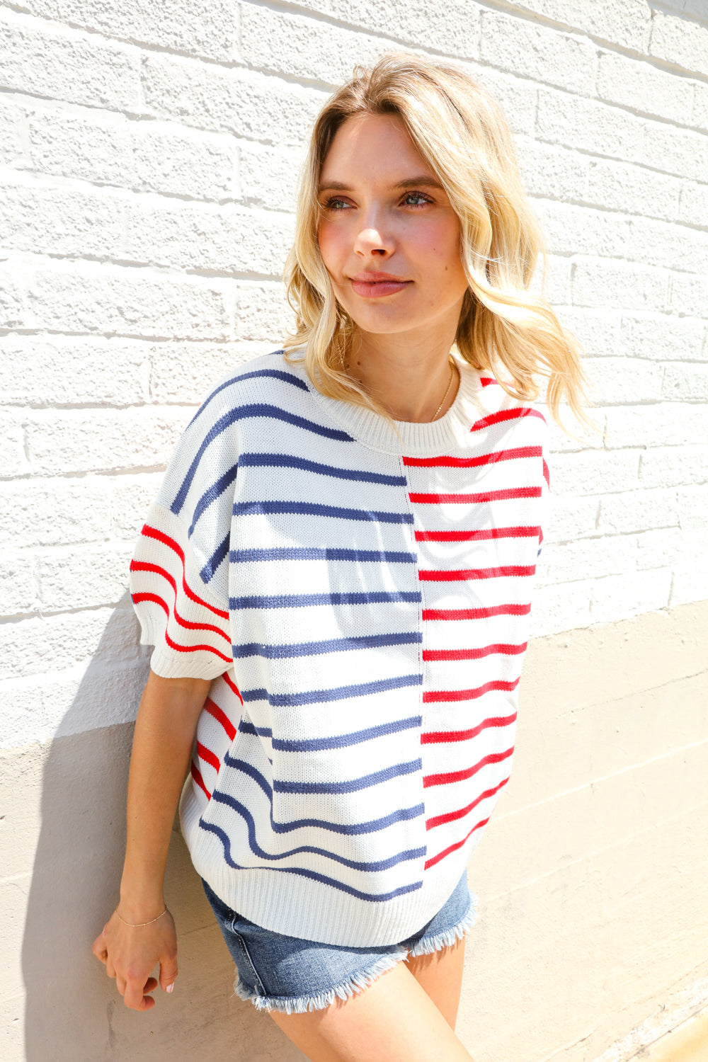 Patriotic Red & Blue Stripe Drop Shoulder Oversize Sweater Top