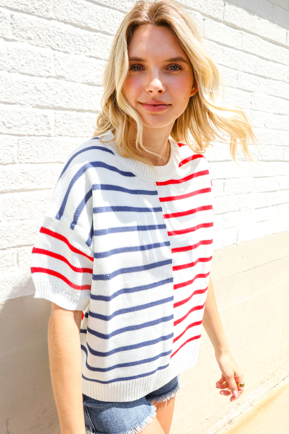 Patriotic Red & Blue Stripe Drop Shoulder Oversize Sweater Top