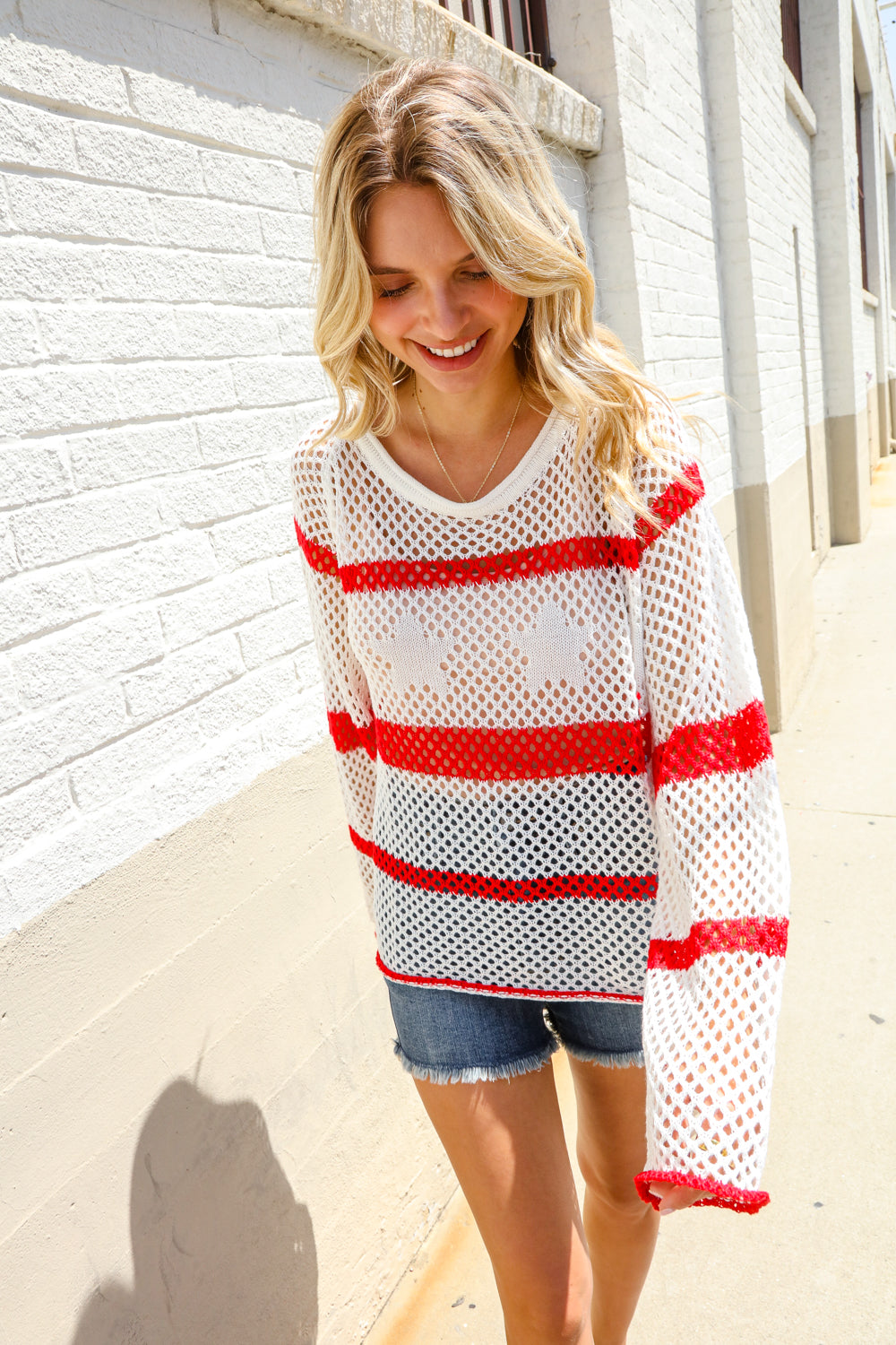 Feeling Patriotic Red Stripe Star Print Crochet Netted Pullover