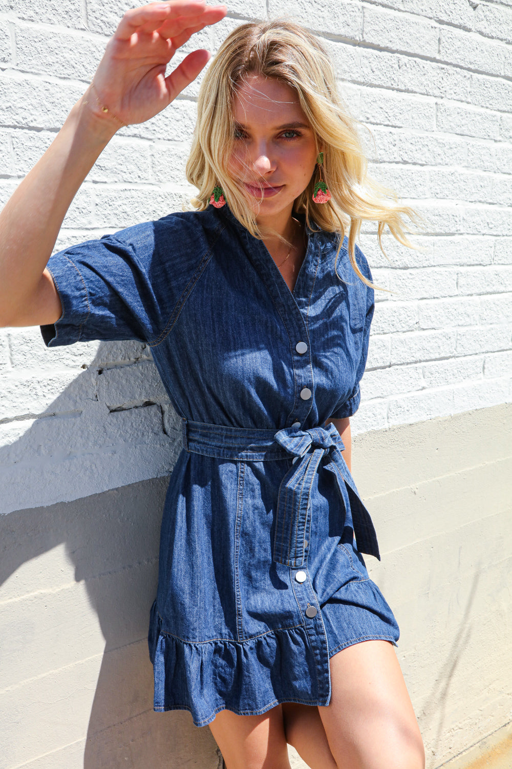 Put Together In Cotton Denim Button Down Belted Ruffle Mini Dress