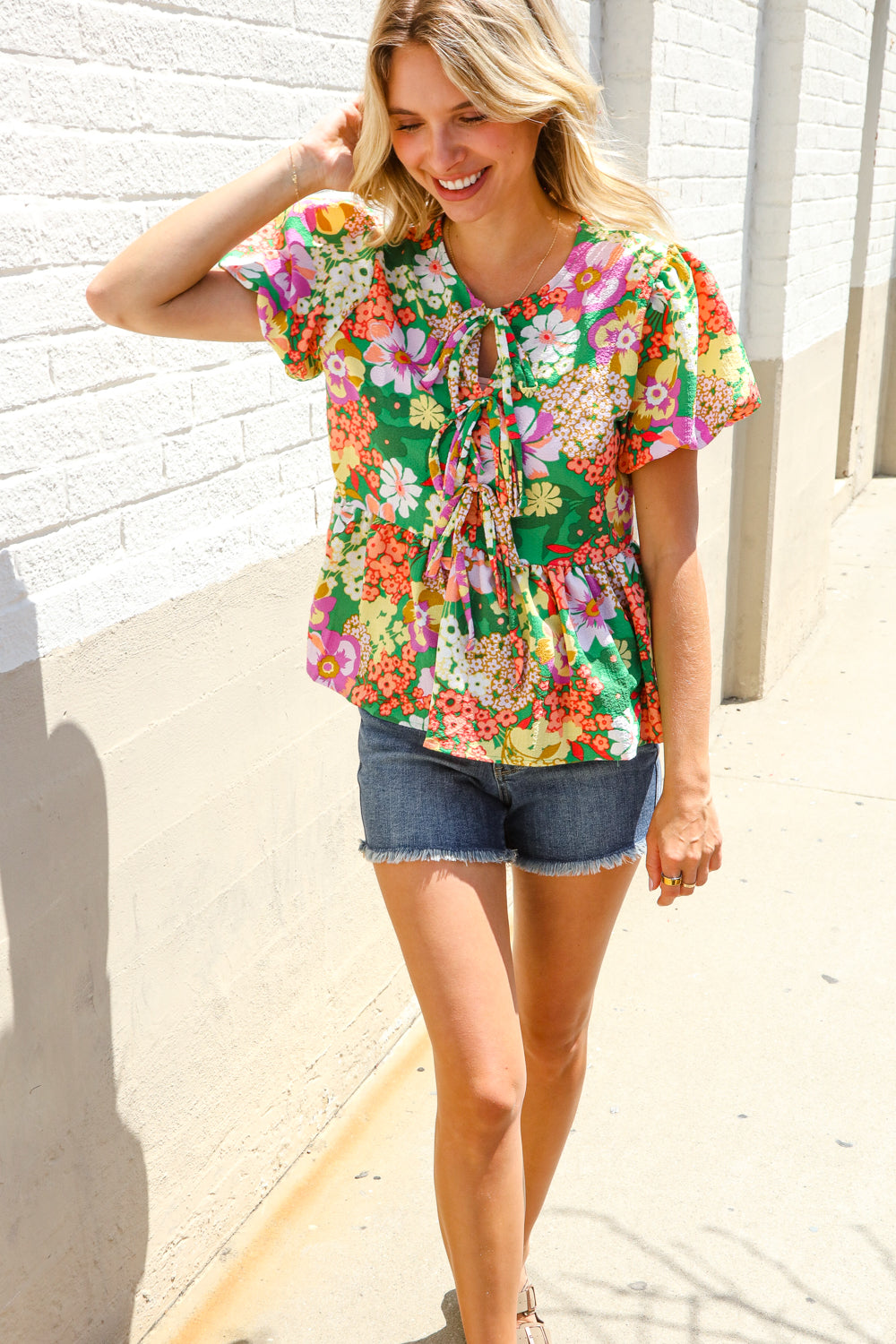 Spring Vibes Green Floral Ribbon Tie Babydoll Top
