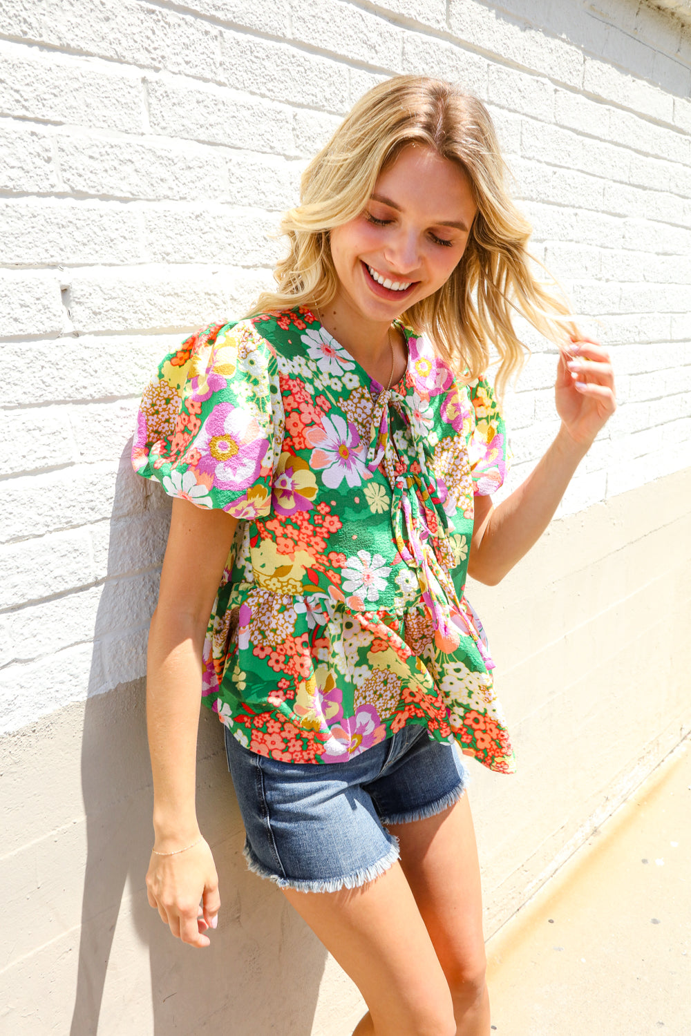 Spring Vibes Green Floral Ribbon Tie Babydoll Top