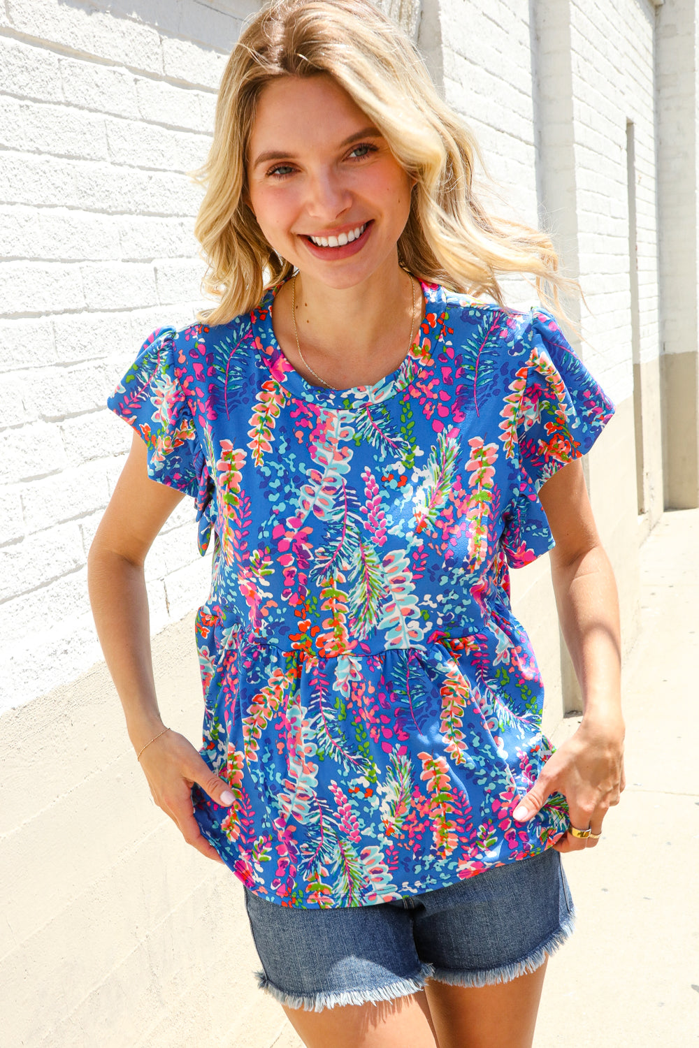 Perfect Find Blue Floral Leaf Print Short Sleeve Babydoll Top