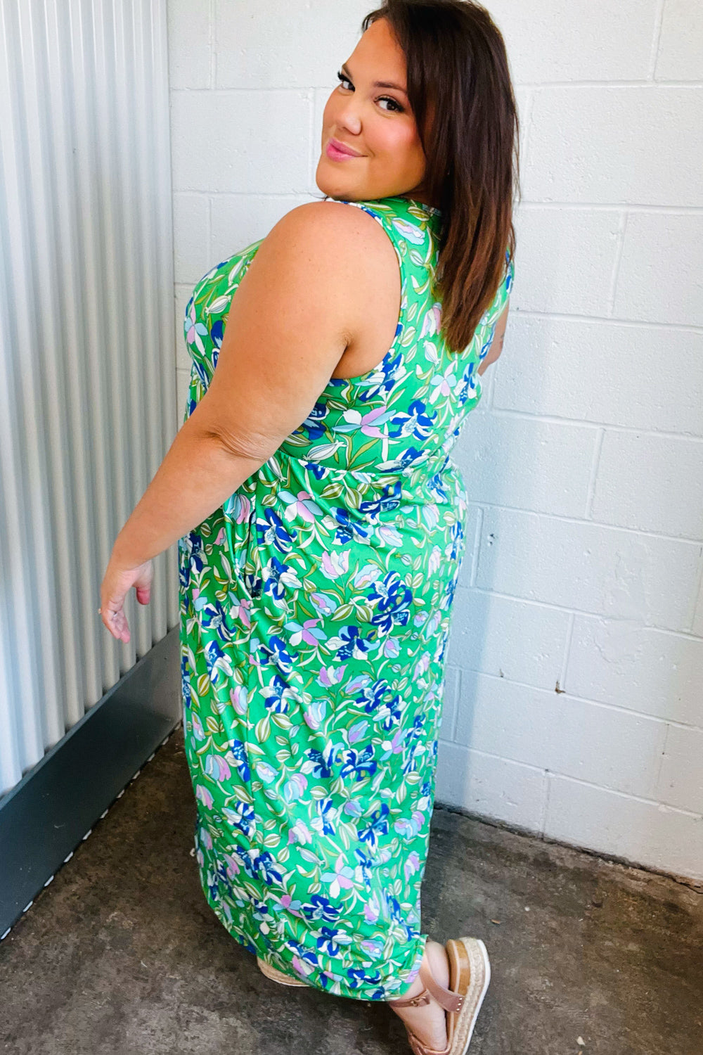 Green & Blue Floral Print Fit and Flare Maxi Dress