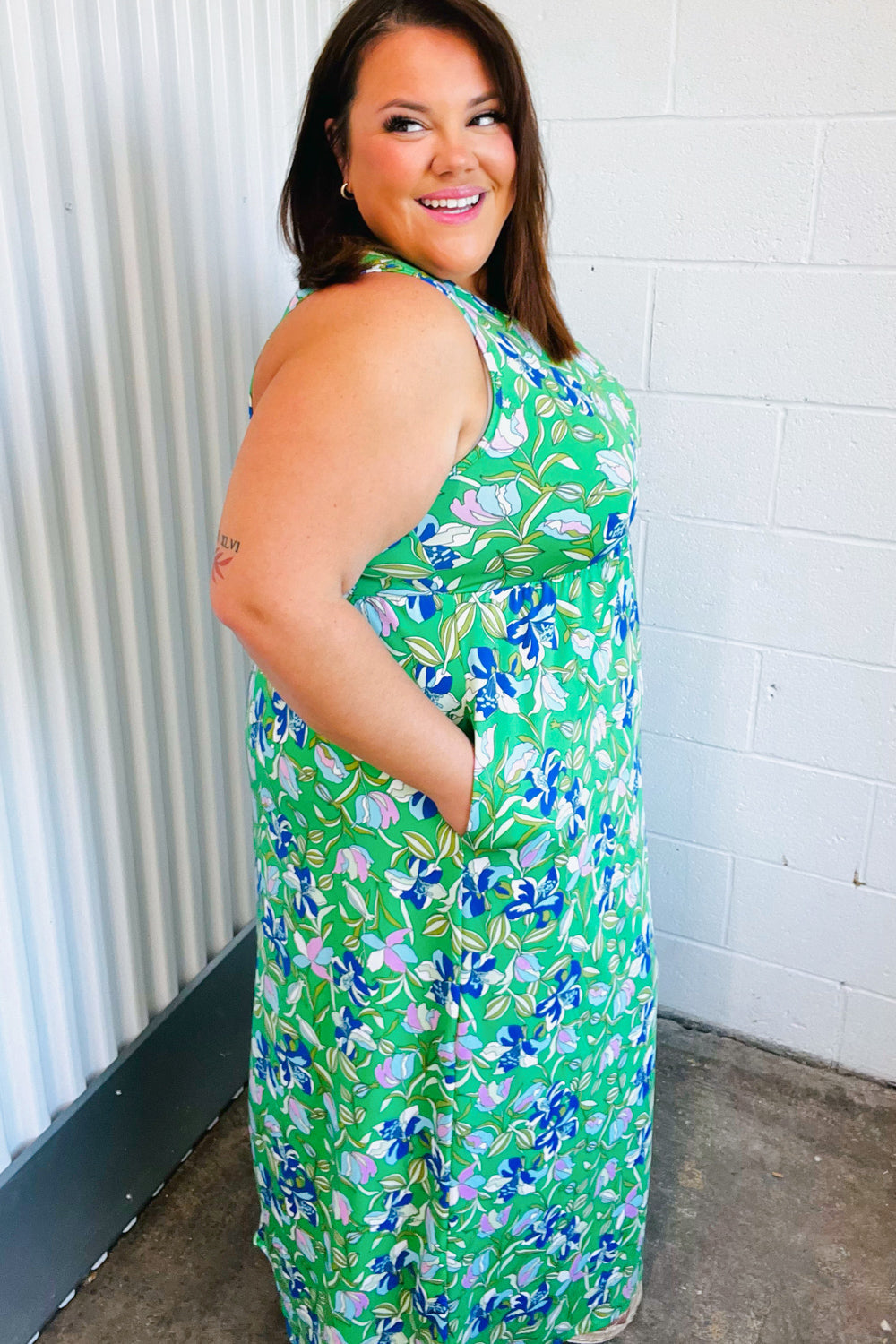 Green & Blue Floral Print Fit and Flare Maxi Dress