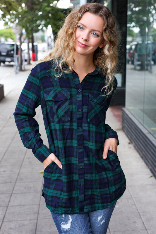 Make A Move Navy & Green Plaid Button Down Long Sleeve Top