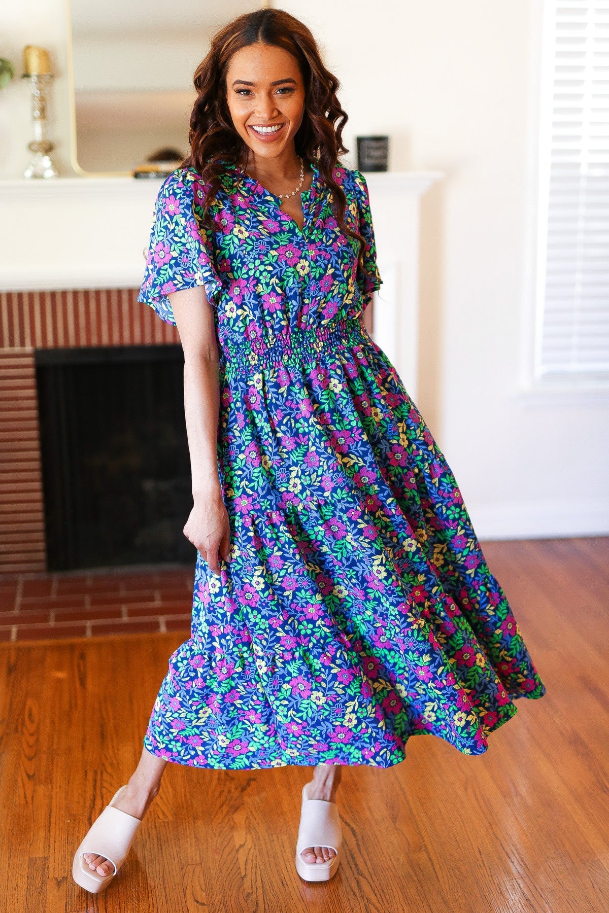 Eyes On You Navy Neon Floral Smocked Waist Maxi Dress