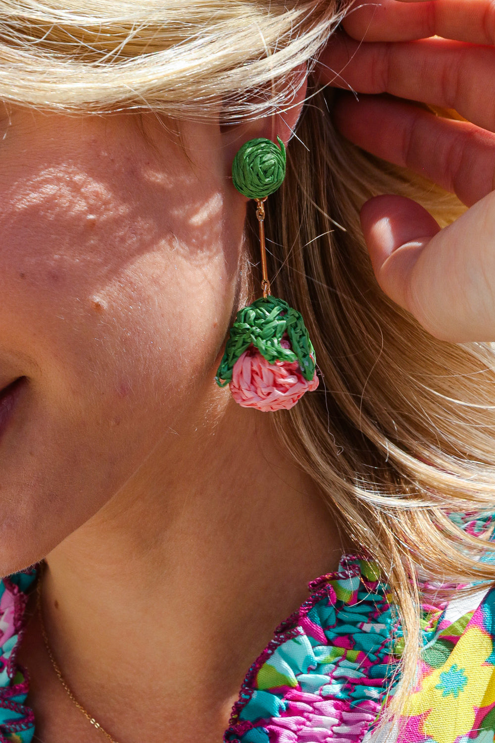 Rose Strawberry Woven Rattan Gold Dangle Earrings