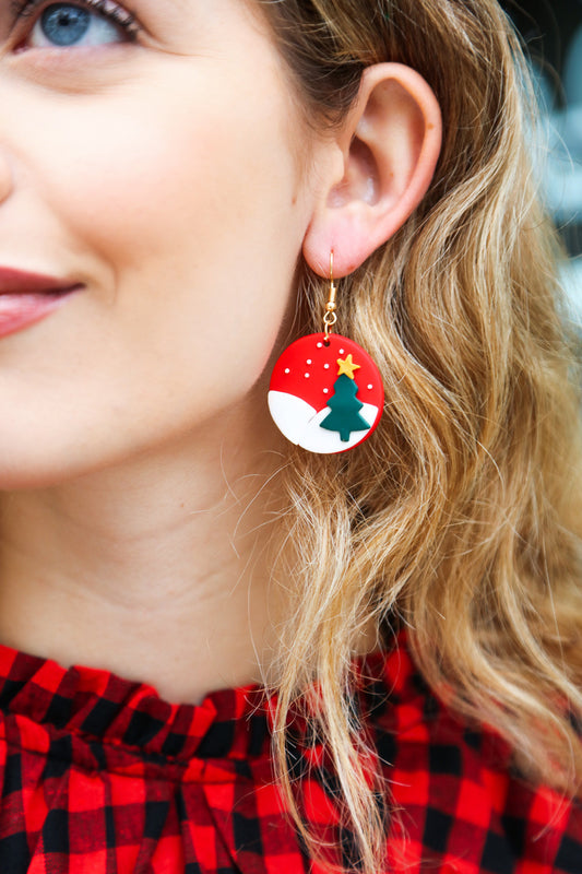 Red Christmas Tree Snow Round Clay Earrings