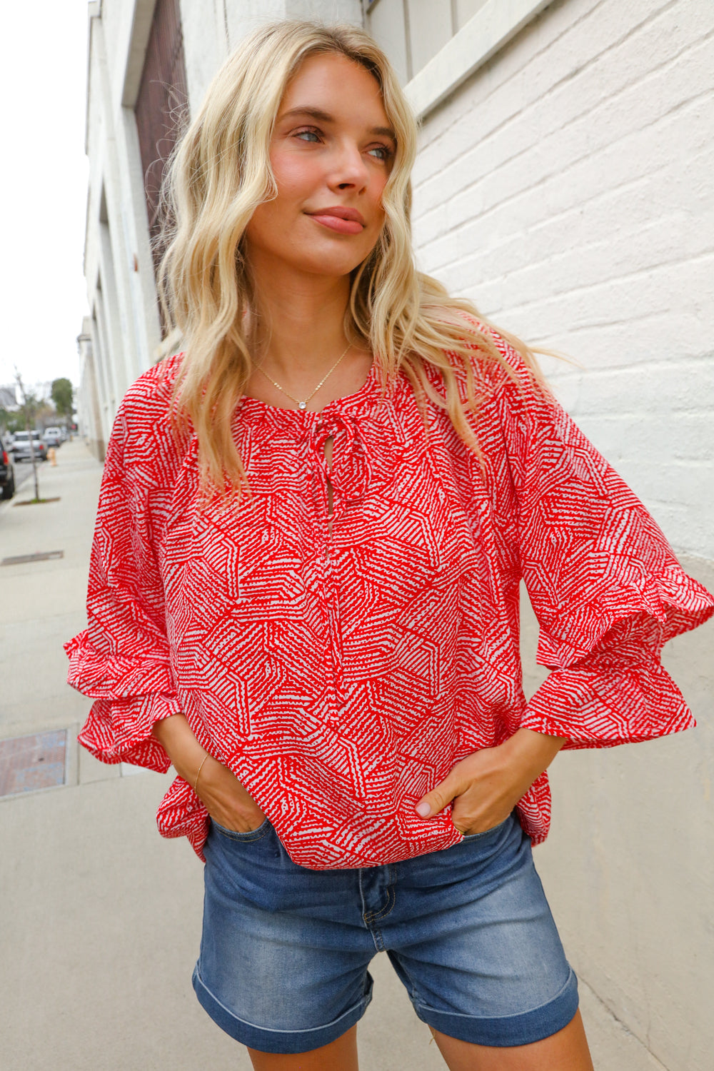 Diva Dreams Red Abstract Print Double Ruffle Sleeve Tie Blouse