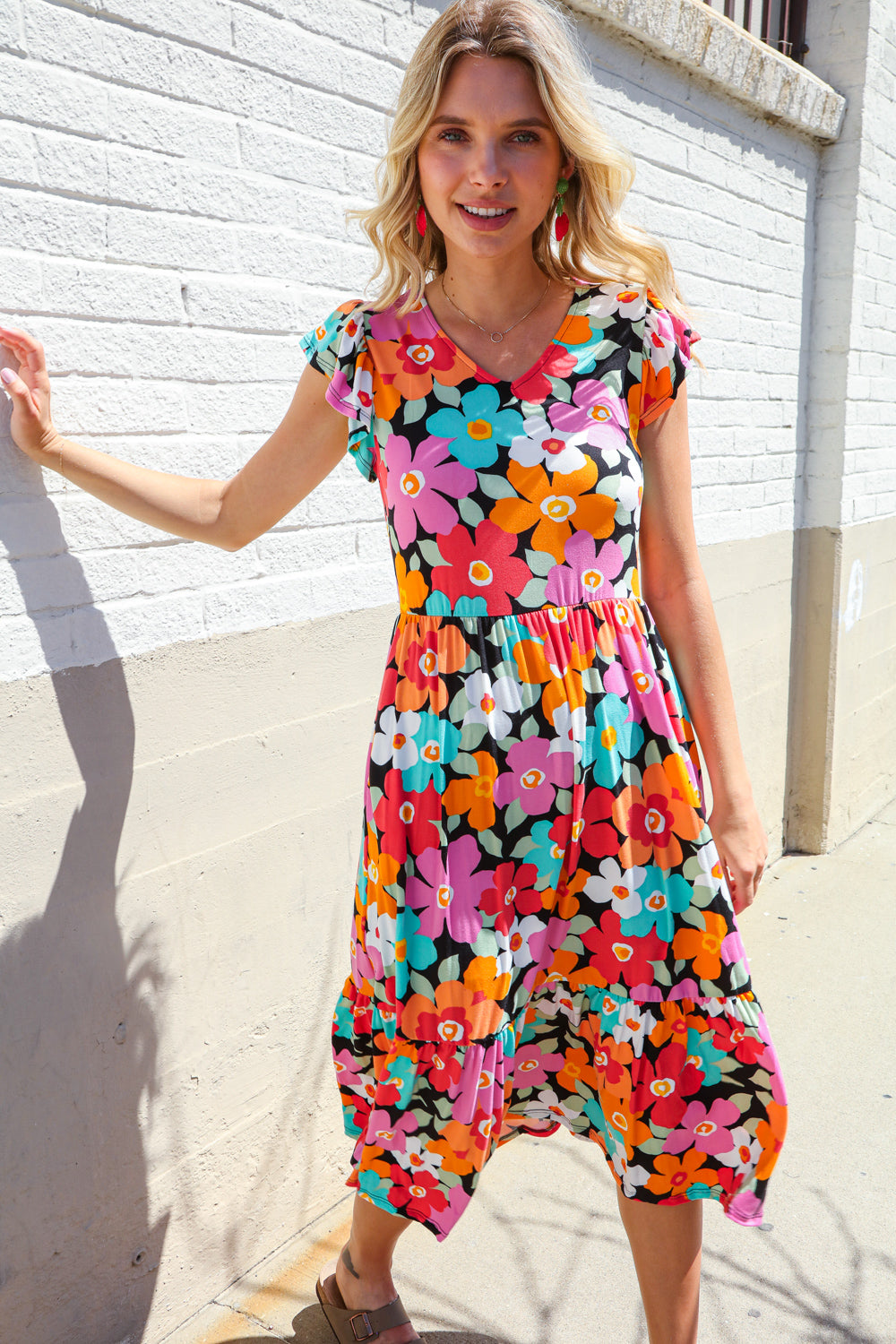 PLUS Feeling Femme Black & Multicolor Floral Print V Neck Midi Dress