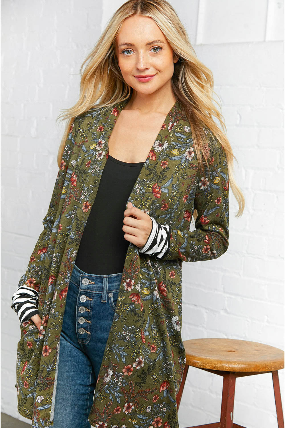 Emerald Floral Stripe Cardigan with Thumbholes