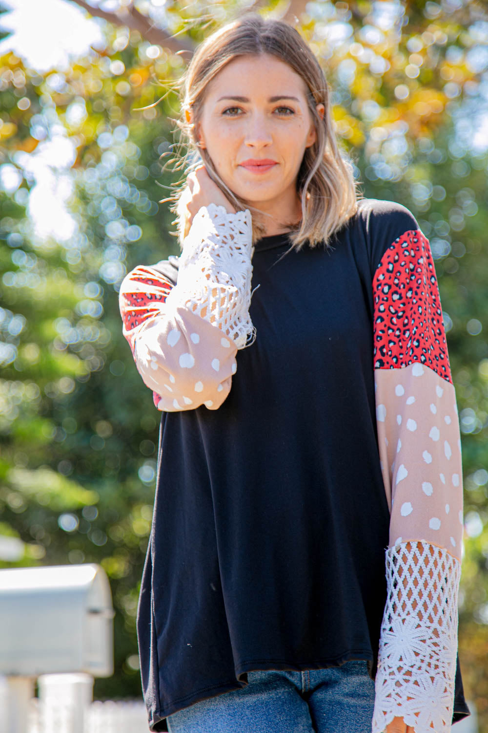 Leopard Color Block Lace Sleeve Knit Top