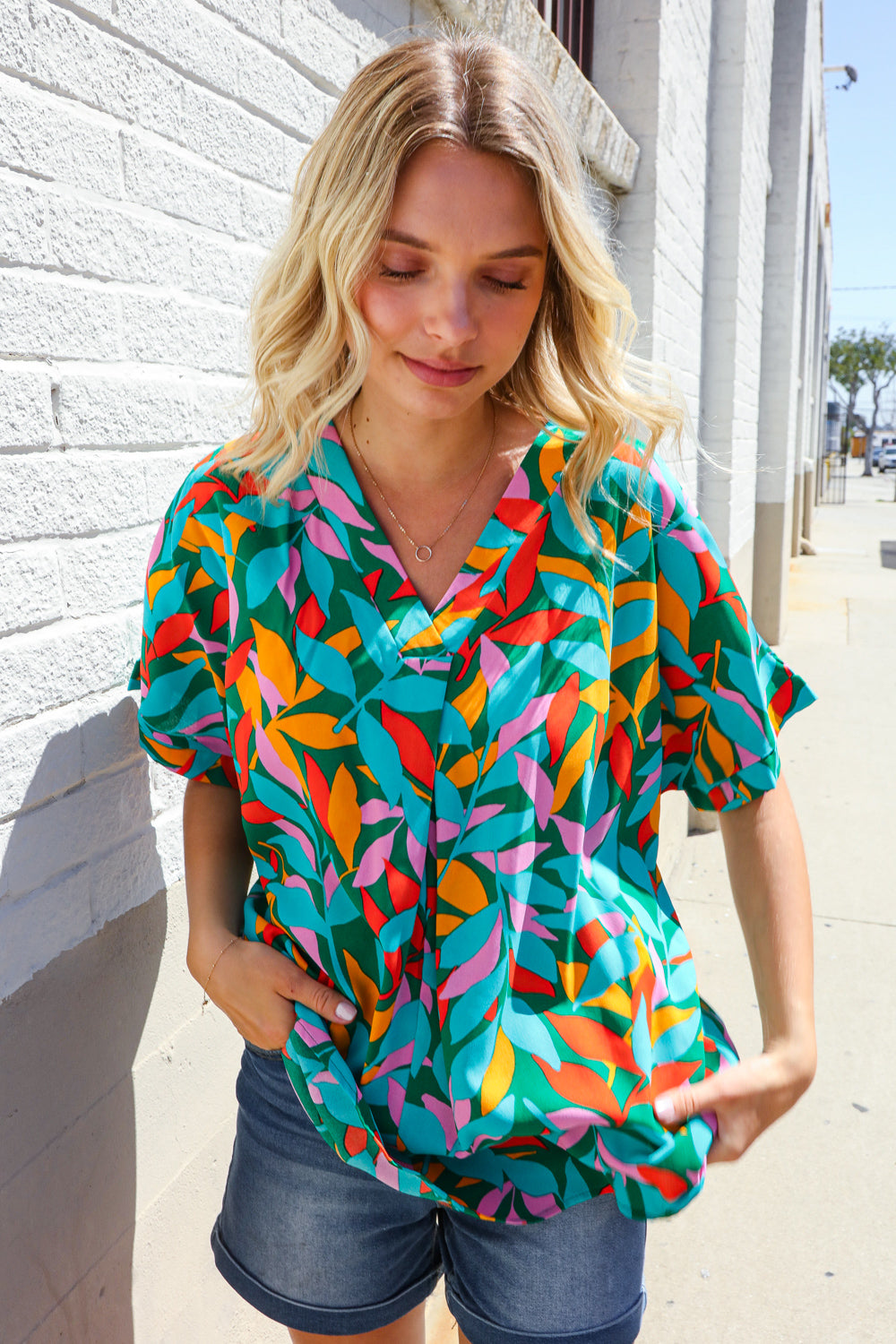 Vacay Ready Green Tropical Floral Banded V Neck Dolman Top