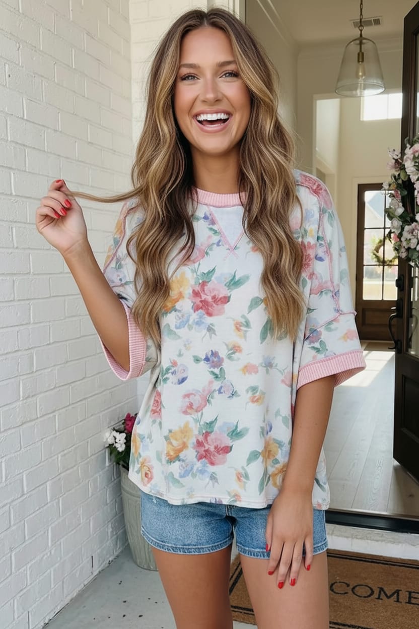 Rosey Teacup Ribbed Crewneck
